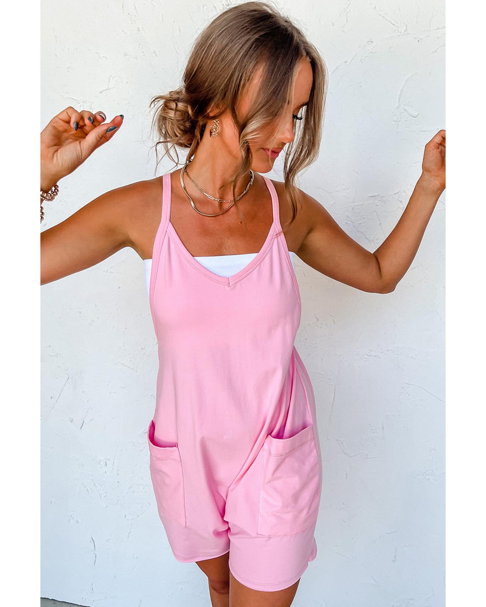Pink Spaghetti Straps V Neck Jersey Romper - XL