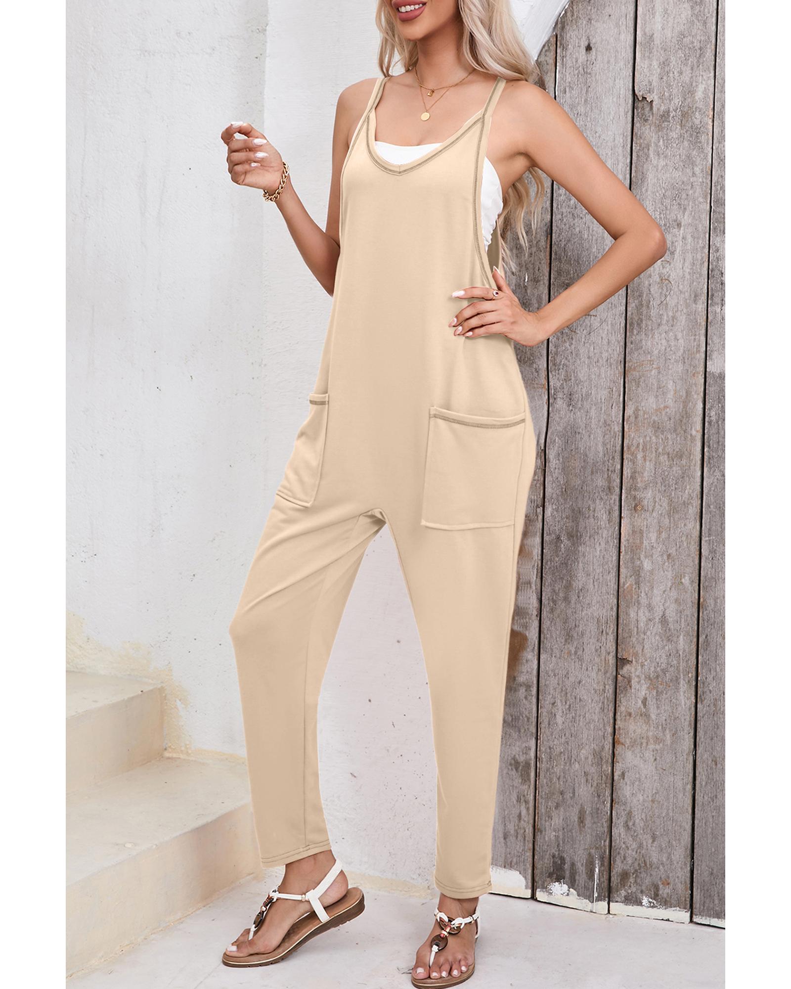 Apricot Side Pockets Harem Pants Sleeveless V Neck Jumpsuit - L