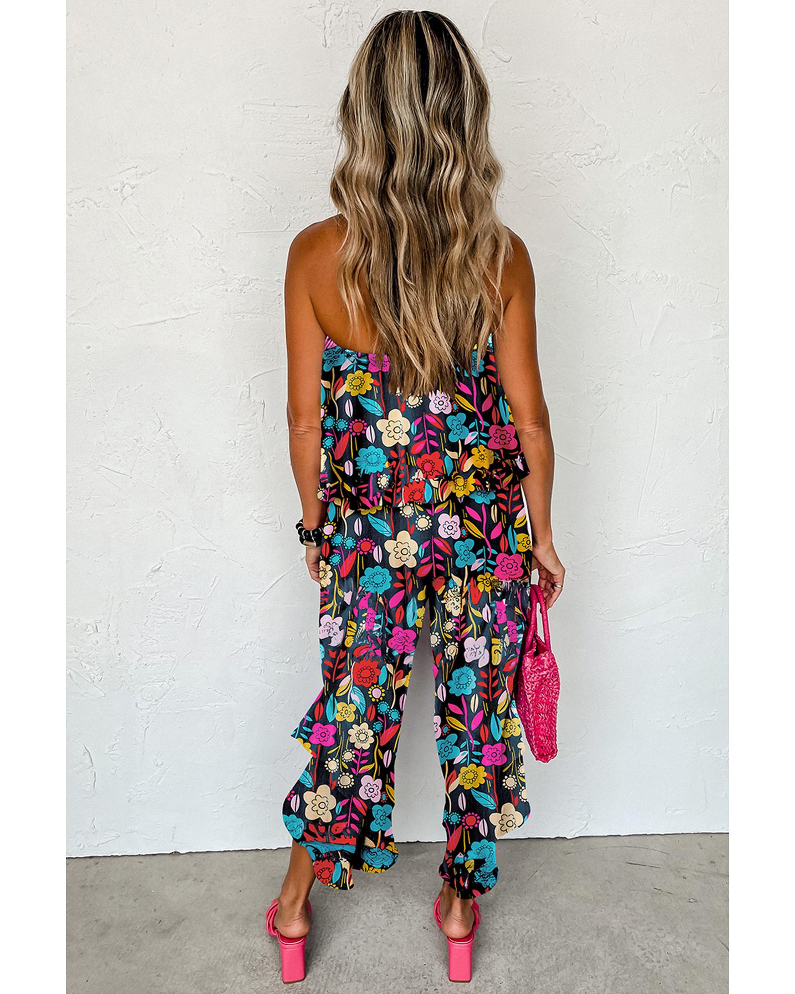 Red Mix Tropical Print Strapless Ruffled Jumpsuit - XL