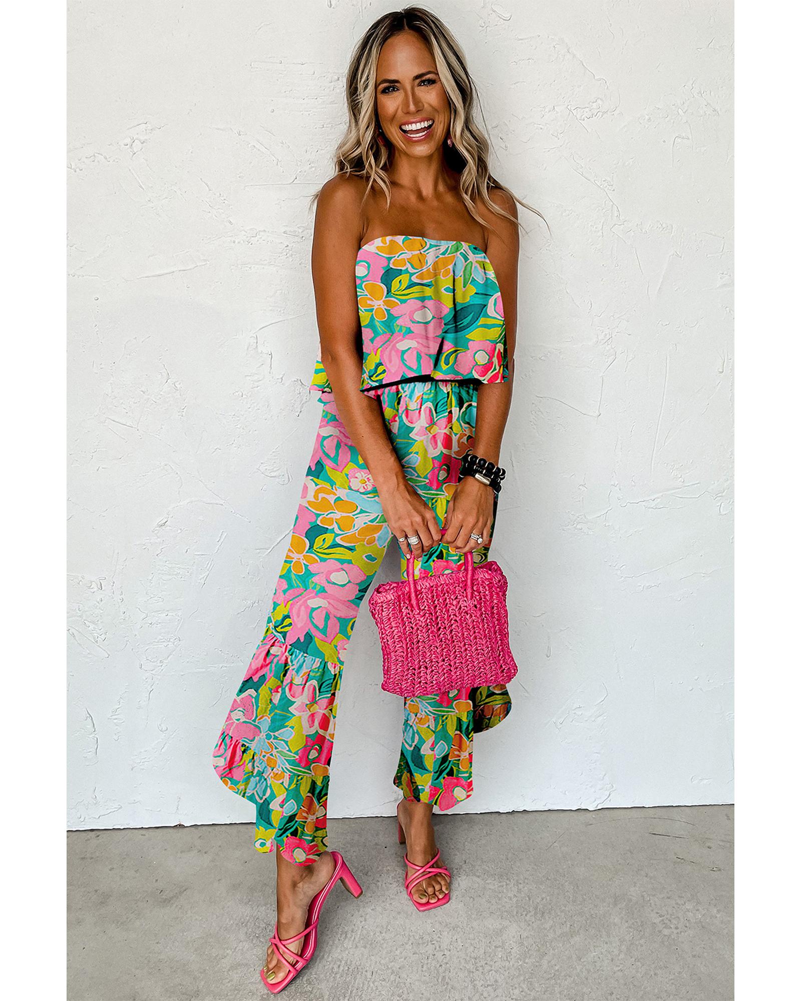 Green Mix Tropical Print Strapless Ruffled Jumpsuit - XL