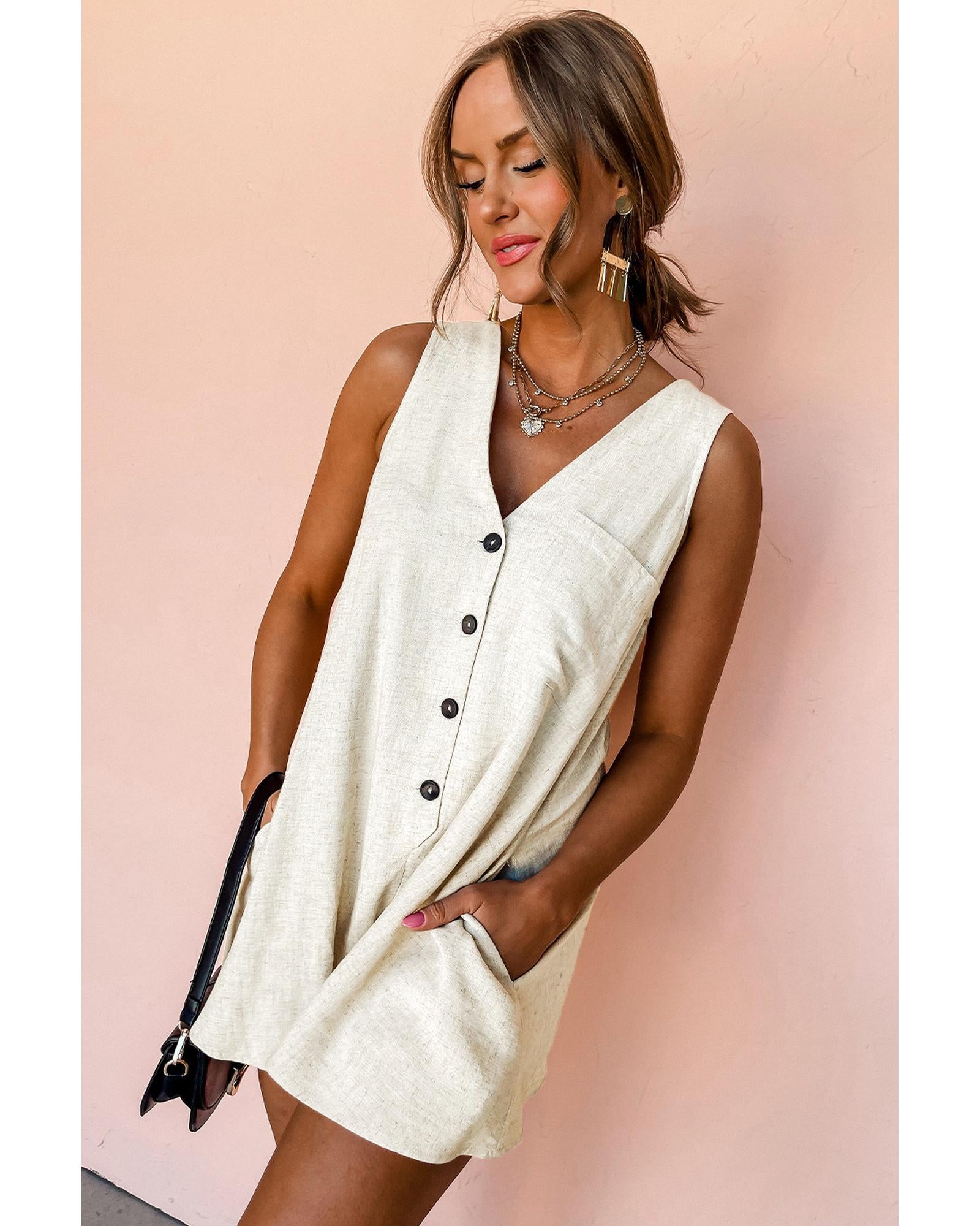 Beige Sleeveless V Neck Buttoned Front Chest Pocket Romper - L