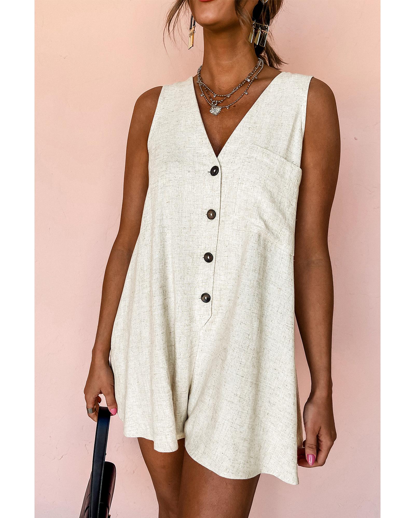 Beige Sleeveless V Neck Buttoned Front Chest Pocket Romper - XL