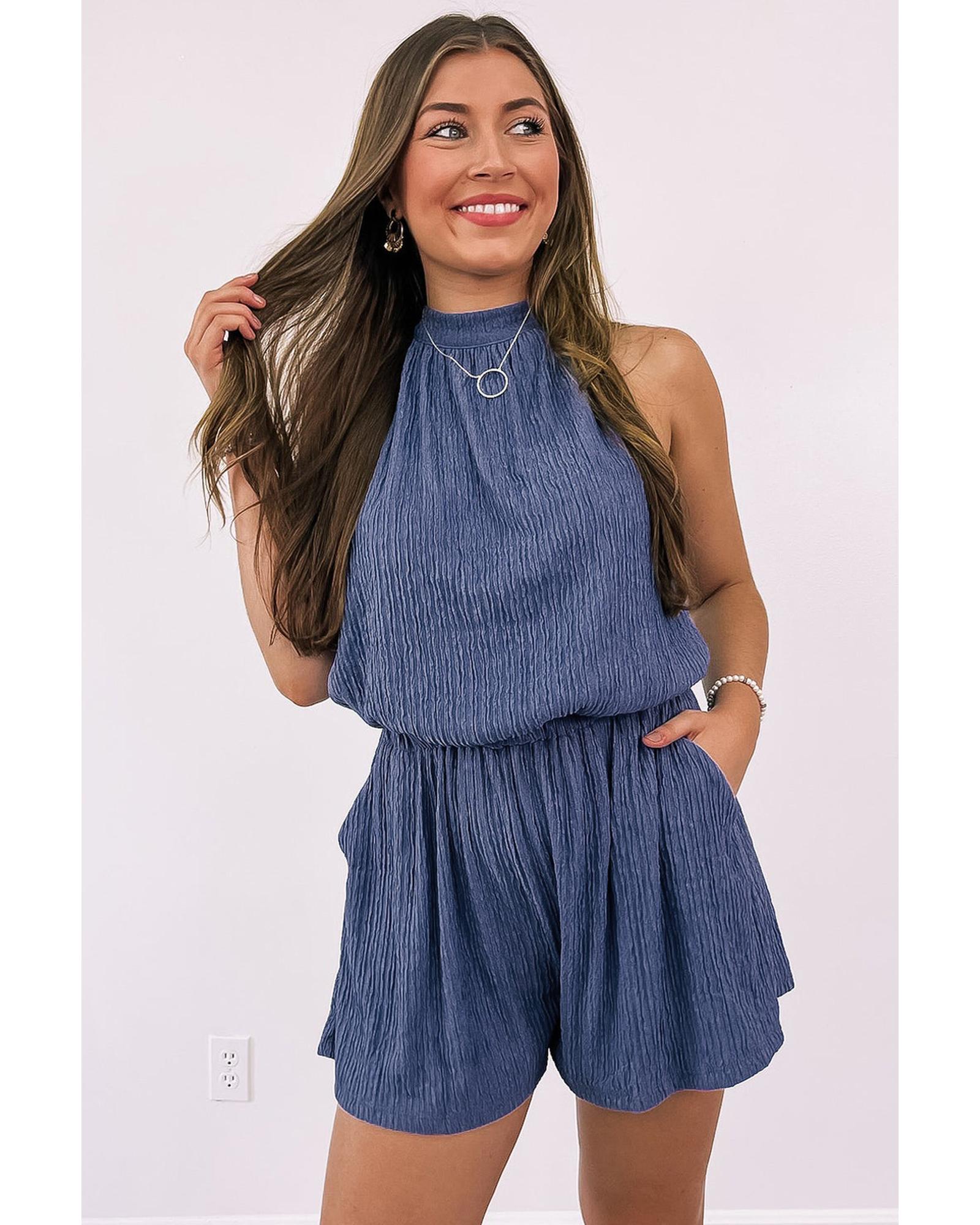 Bluing Knot Back High Neck Crinkle Textured Romper - L