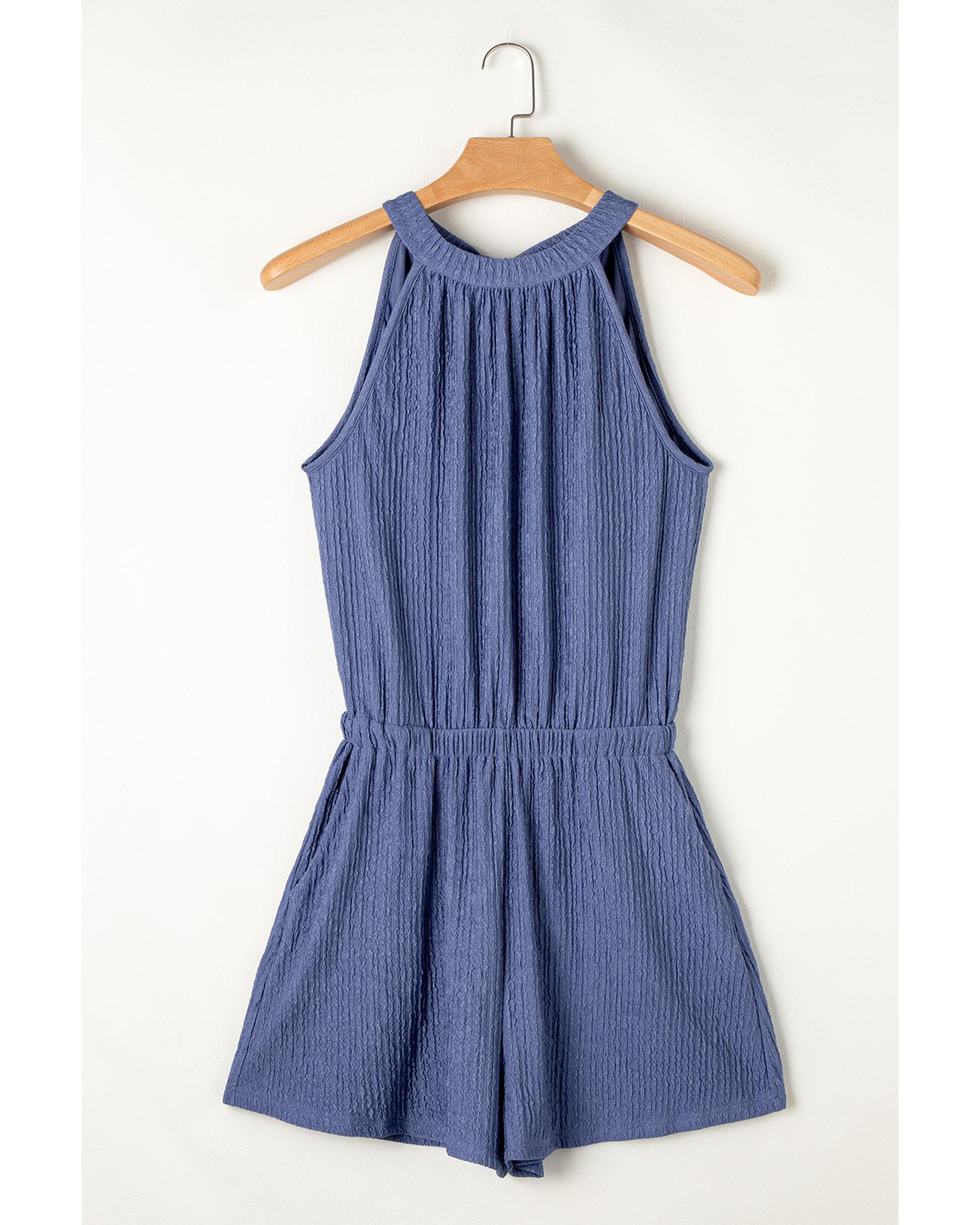 Bluing Knot Back High Neck Crinkle Textured Romper - L
