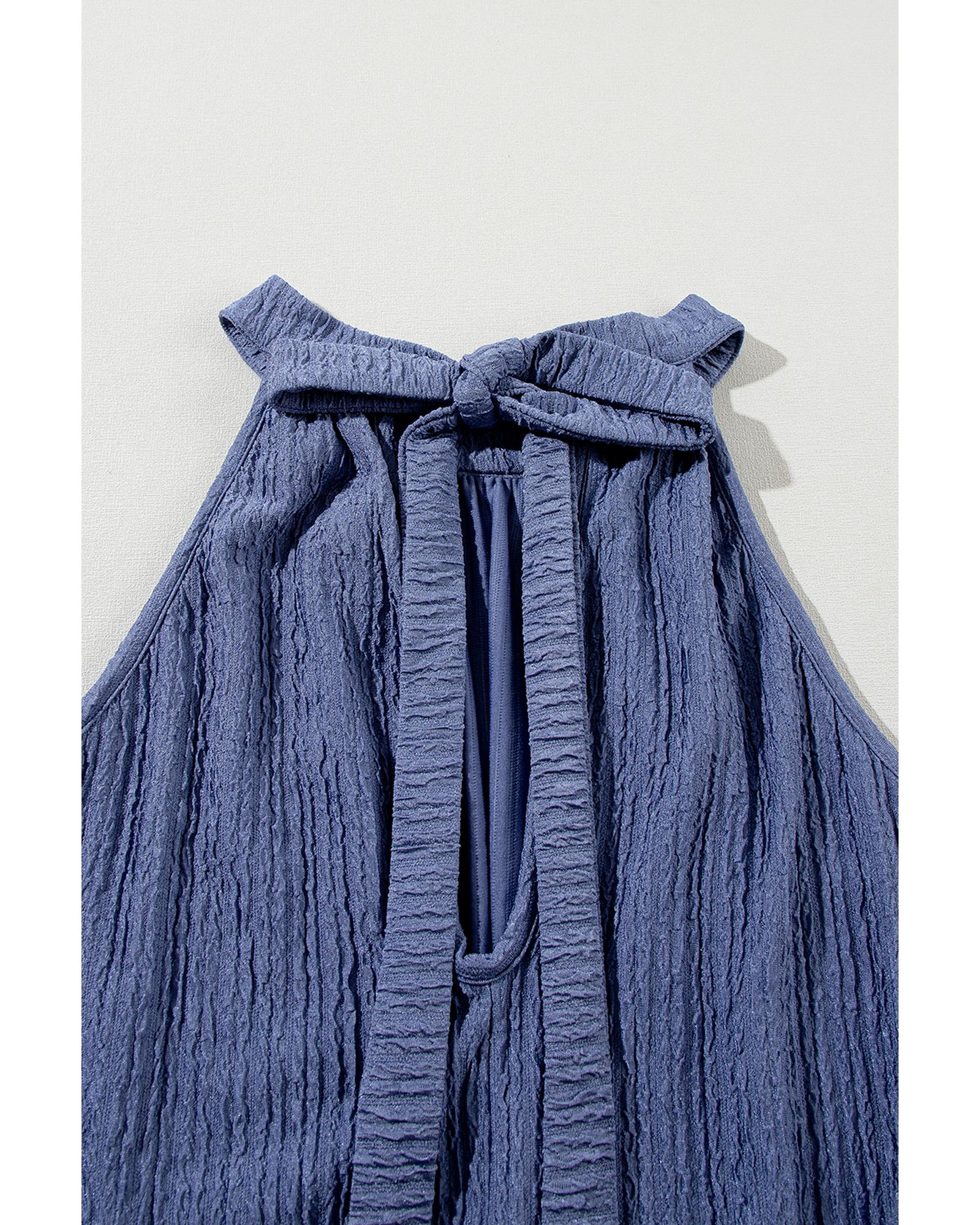 Bluing Knot Back High Neck Crinkle Textured Romper - L