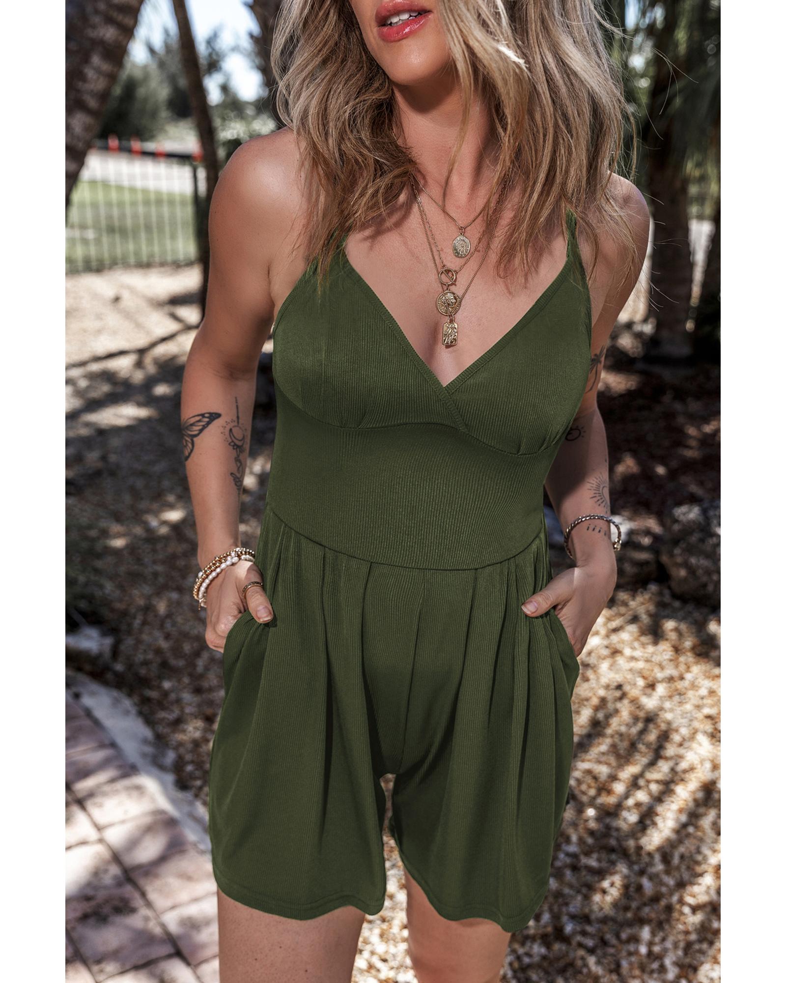 Moss Green Spaghetti Straps Cinched Waist Ribbed Romper - L
