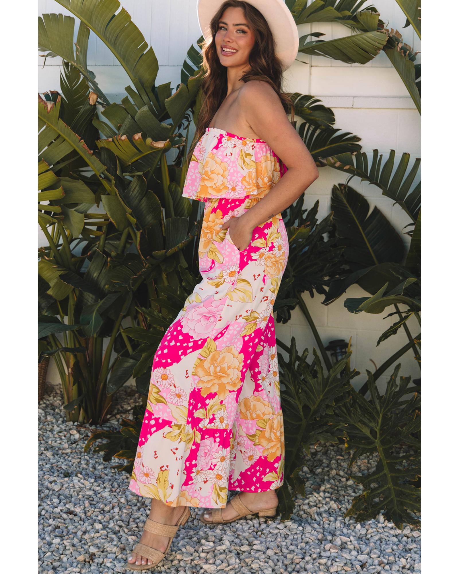 Multicolour Floral Print Ruffled High Waist Tube Top Loose Jumpsuit - M