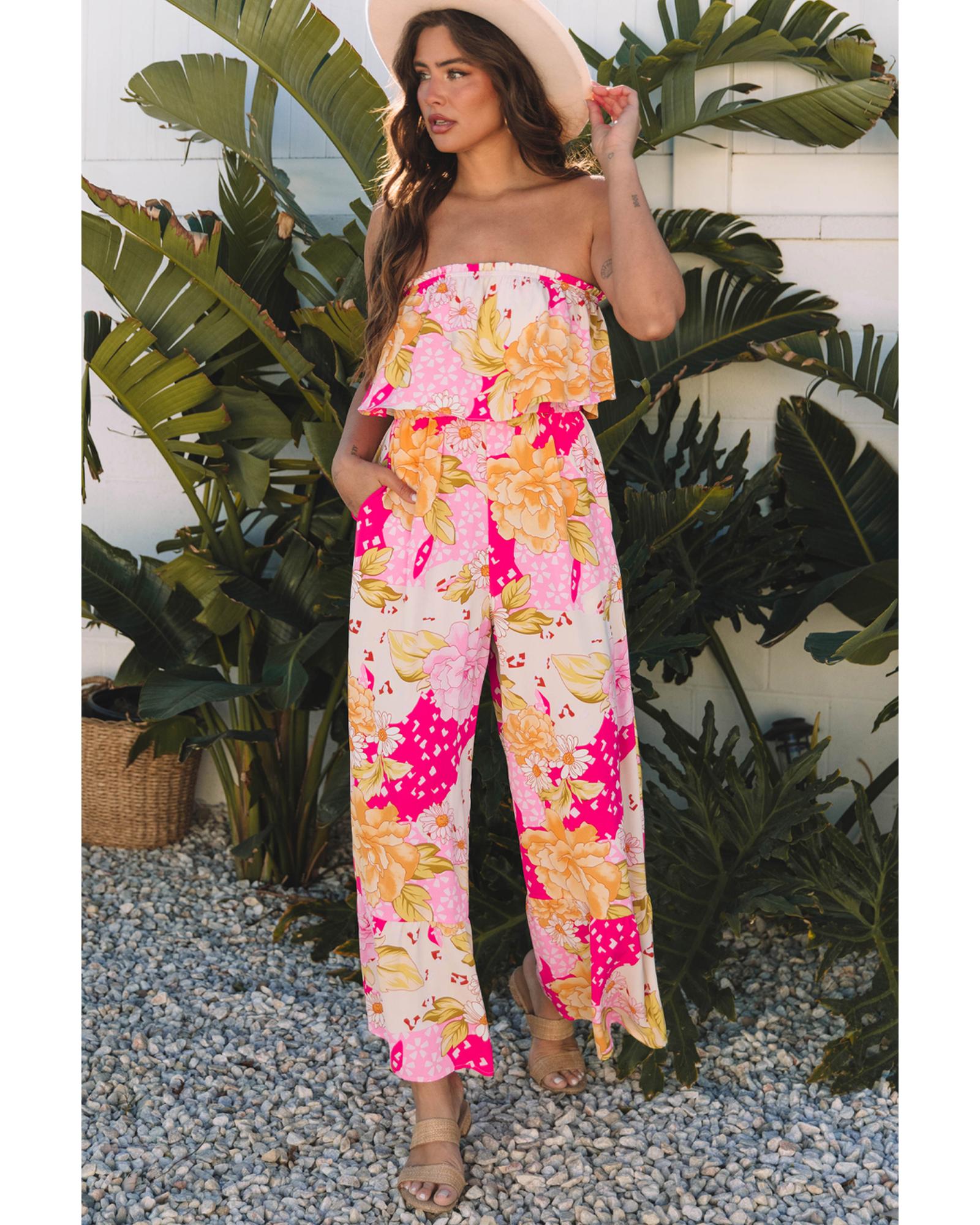 Multicolour Floral Print Ruffled High Waist Tube Top Loose Jumpsuit - M
