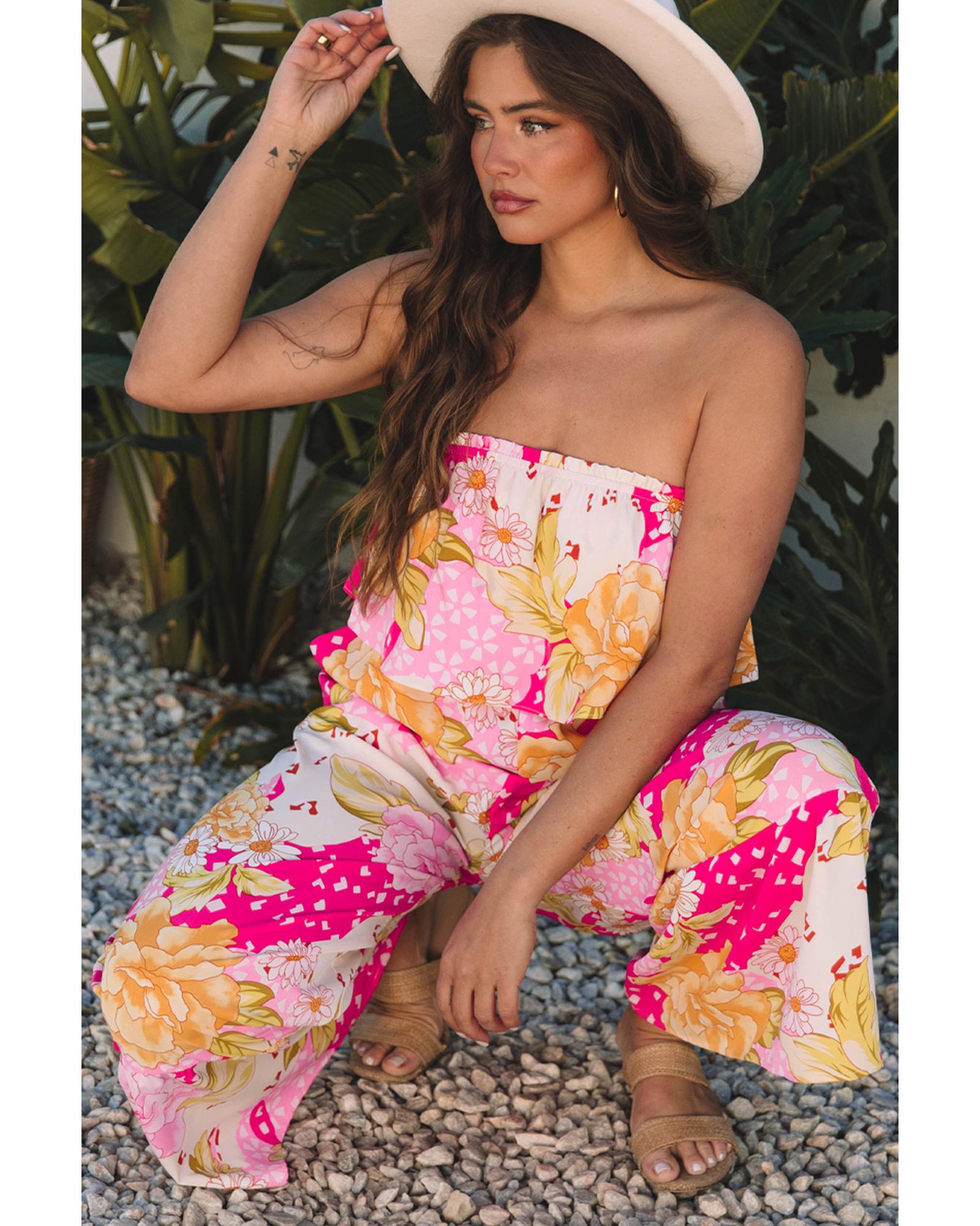 Multicolour Floral Print Ruffled High Waist Tube Top Loose Jumpsuit - M