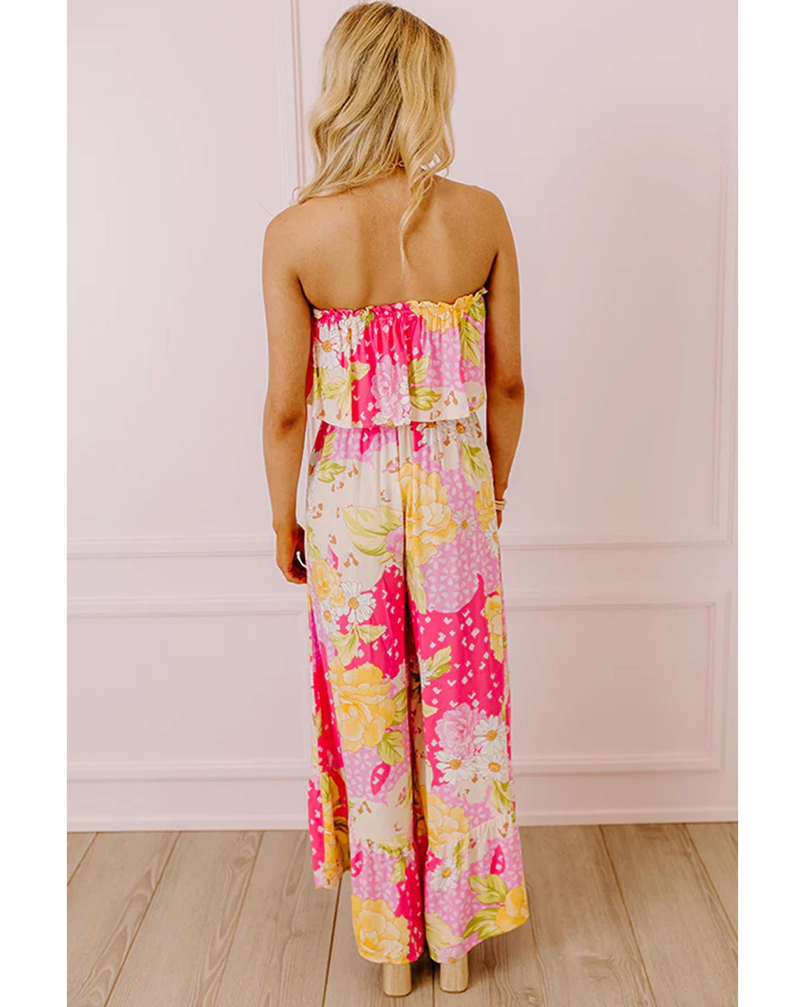 Multicolour Floral Print Ruffled High Waist Tube Top Loose Jumpsuit - S