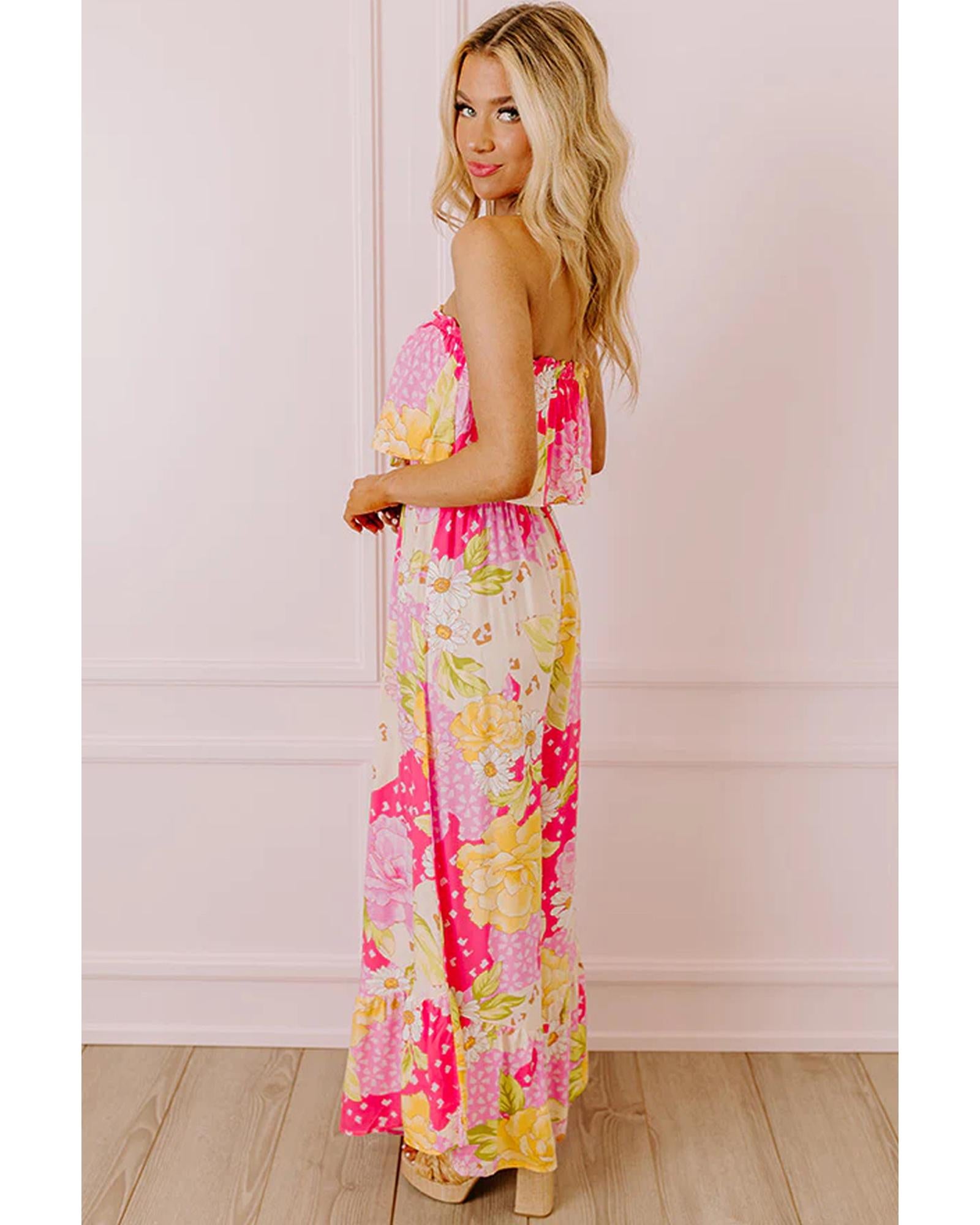 Multicolour Floral Print Ruffled High Waist Tube Top Loose Jumpsuit - S