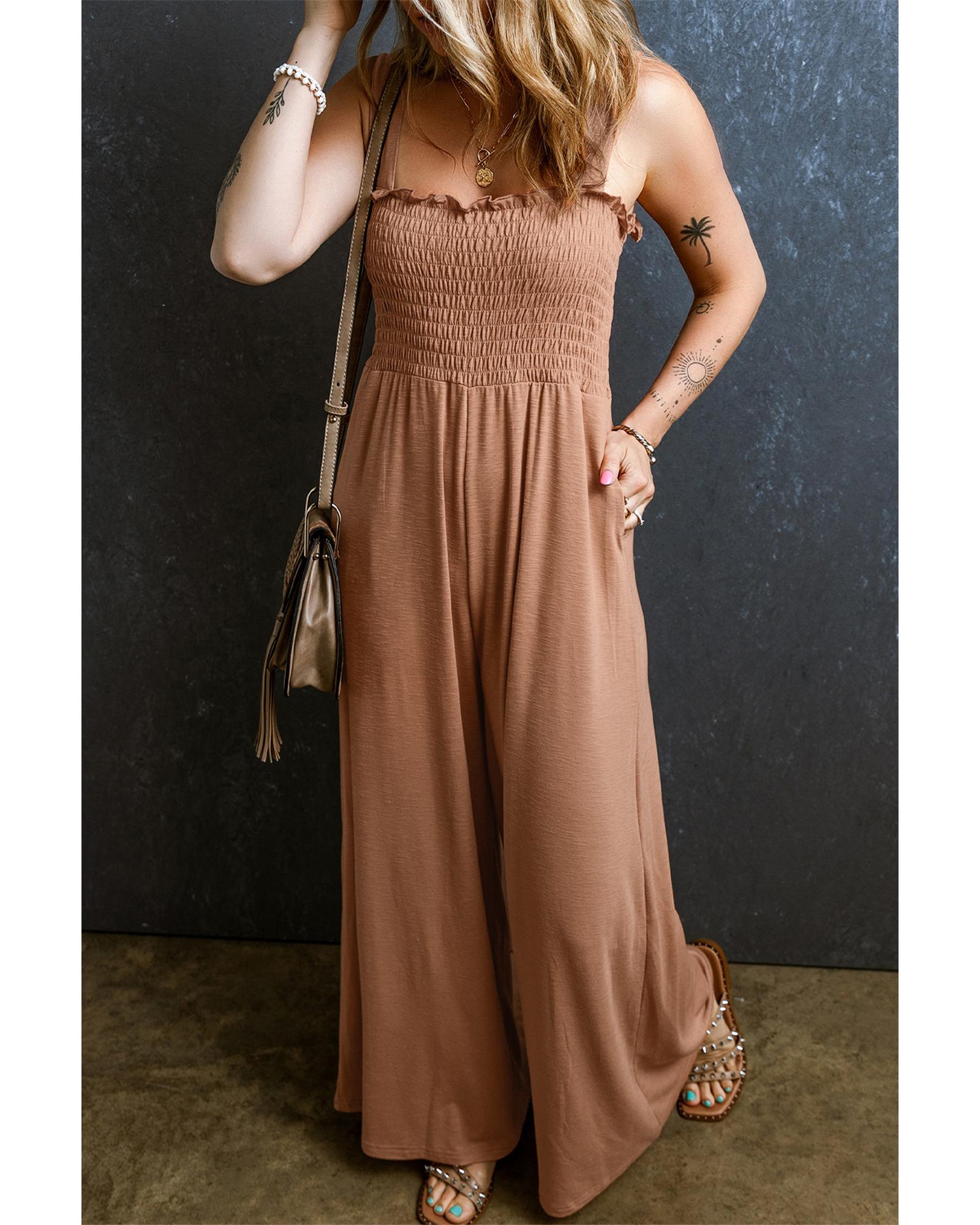 Dusty Pink Ruffled Shirred Wide Leg Sleeveless Jumpsuit - S