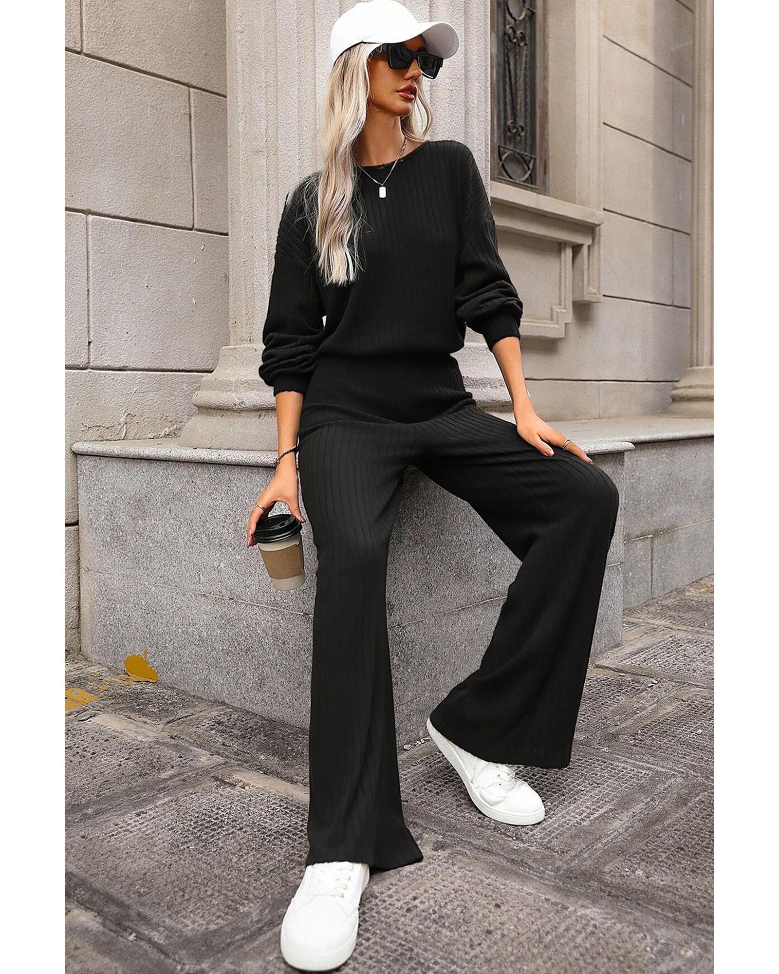 Black Solid Ribbed Knit Keyhole Back High Waist Jumpsuit - M