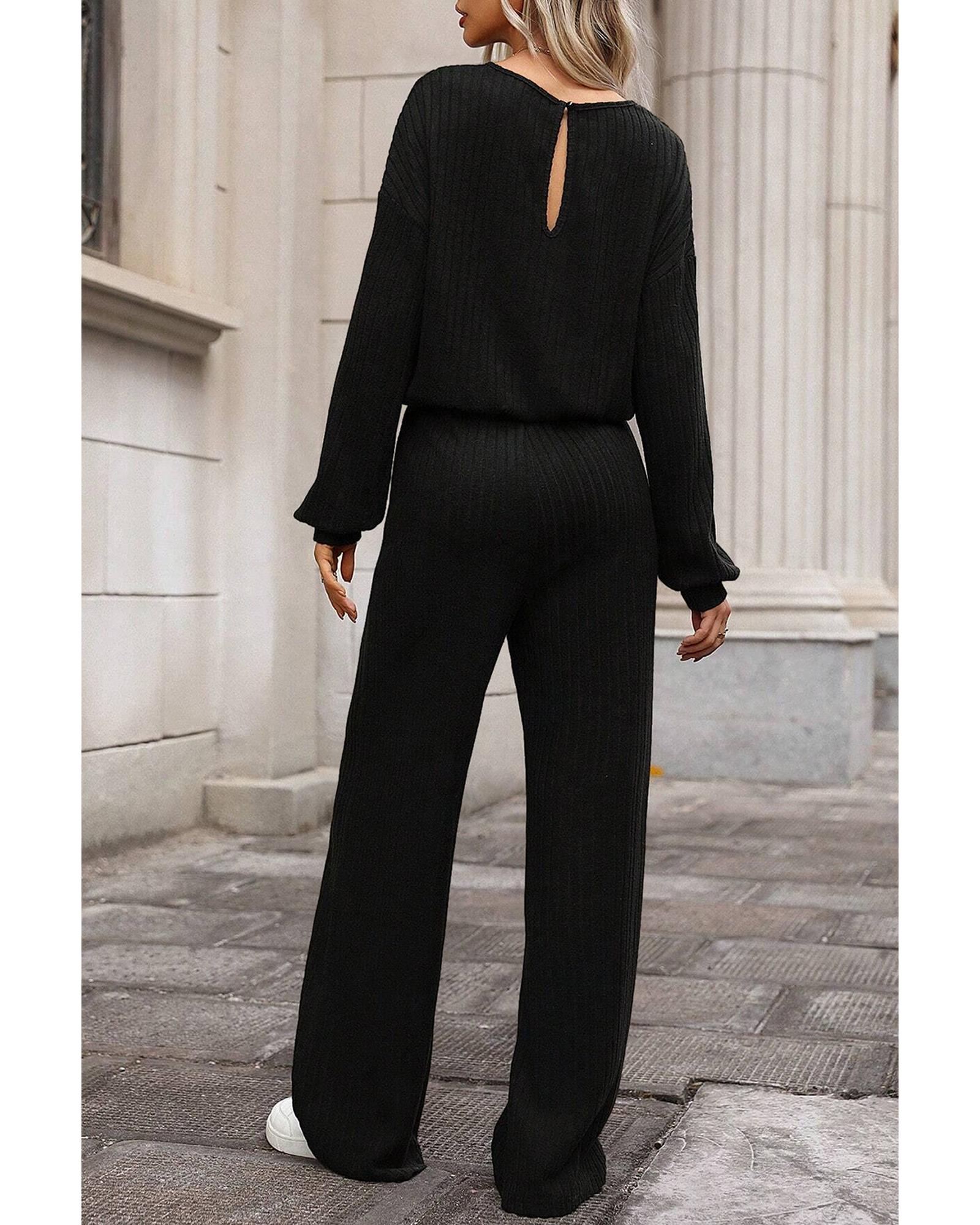 Black Solid Ribbed Knit Keyhole Back High Waist Jumpsuit - M
