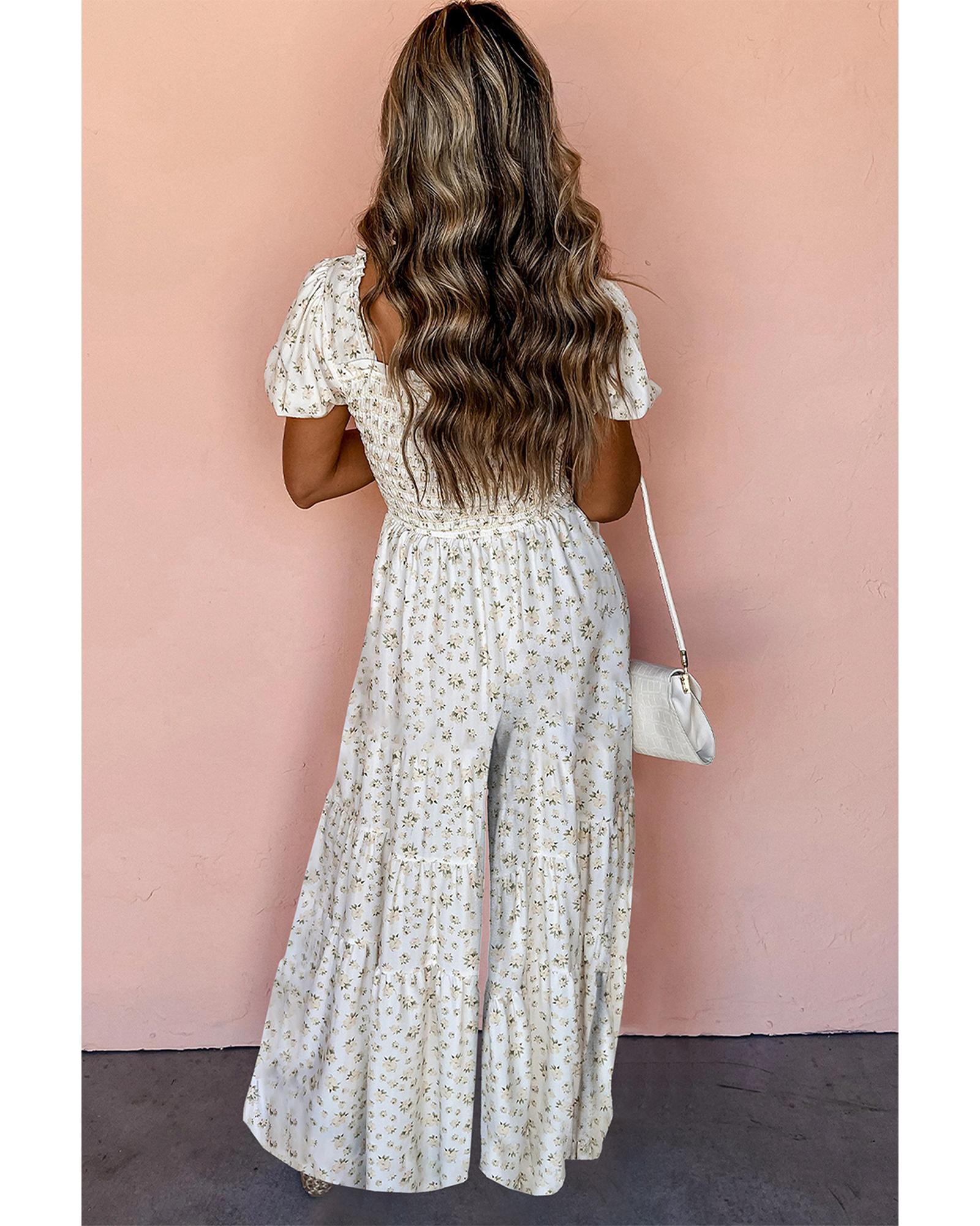 White Boho Floral Smocked Wide Leg Short Puff Sleeve Jumpsuit - L