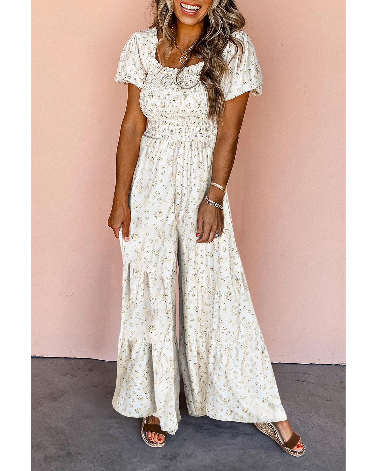 White Boho Floral Smocked Wide Leg Short Puff Sleeve Jumpsuit - L