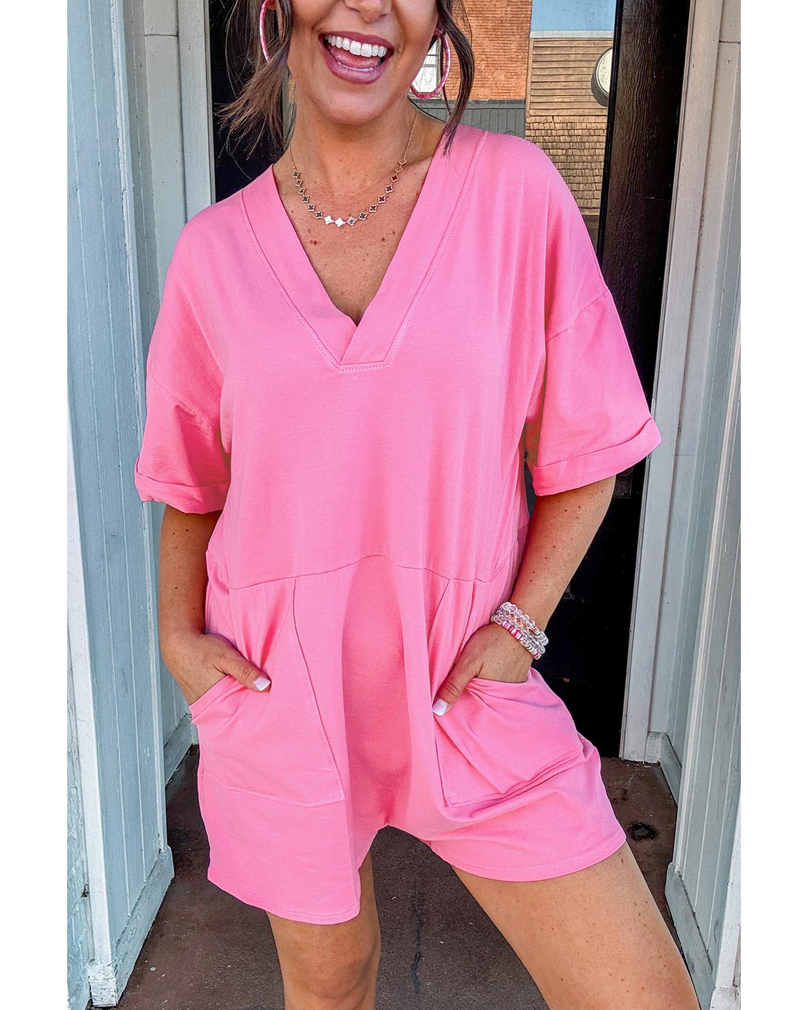 Bonbon Loose Half Sleeve V Neck Knit Romper - S