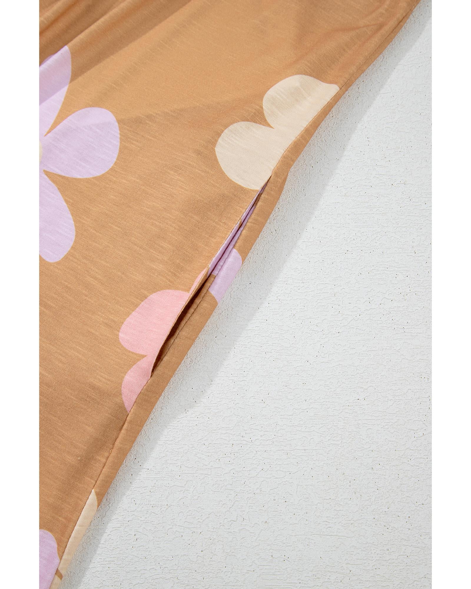 Khaki Floral Print Sleeveless Button up Wide Leg Loose Jumpsuit - L