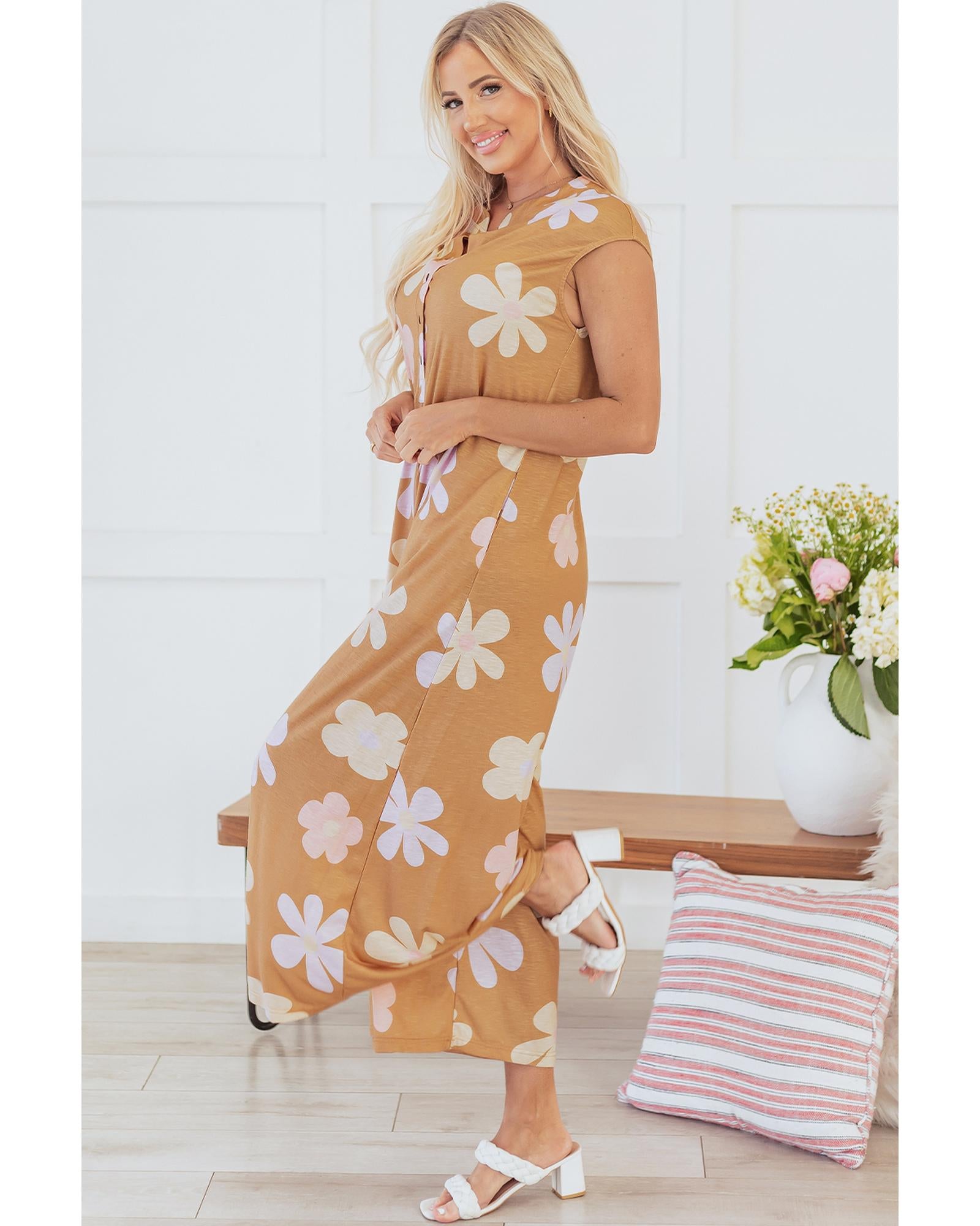 Khaki Floral Print Sleeveless Button up Wide Leg Loose Jumpsuit - S