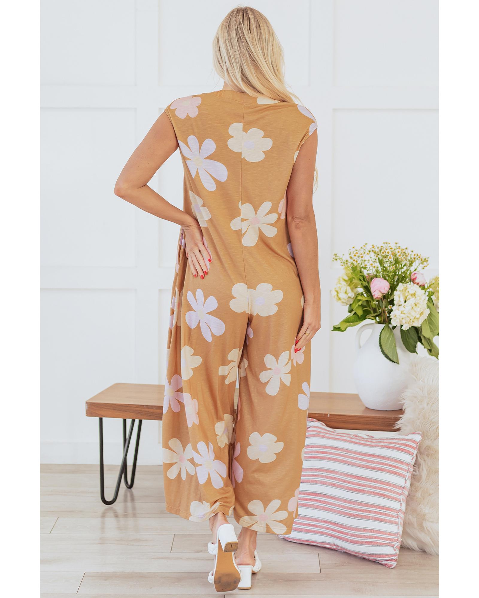Khaki Floral Print Sleeveless Button up Wide Leg Loose Jumpsuit - XL