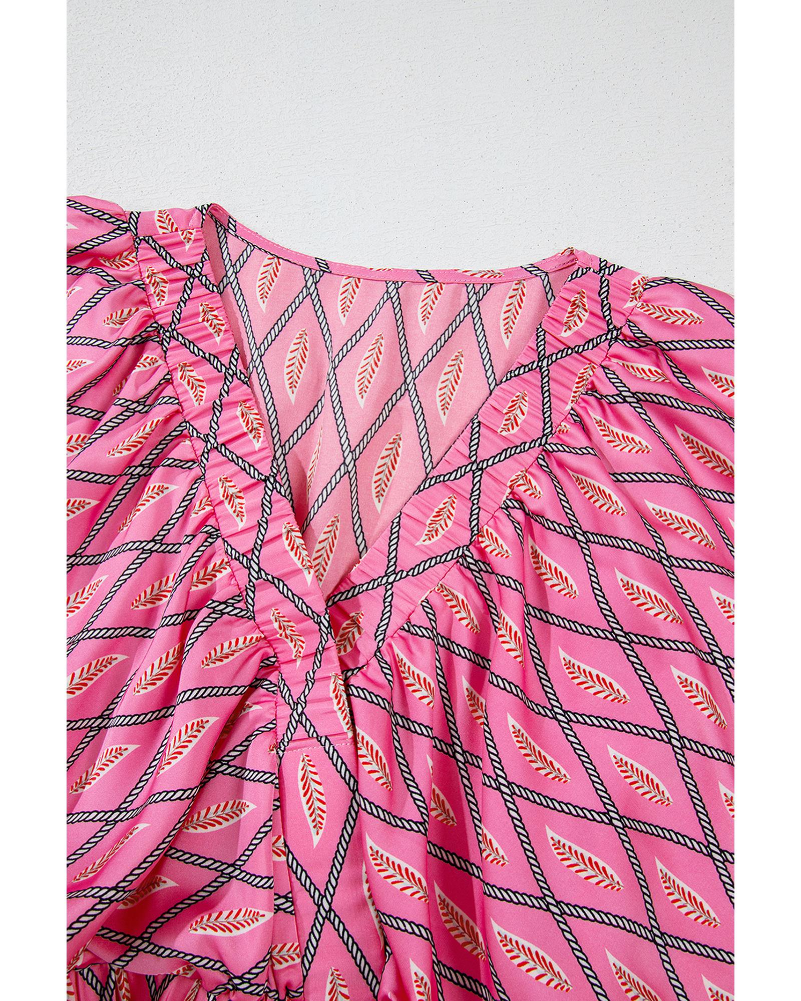 Pink Paisley Geometric Print V Neck High Waist Romper - M