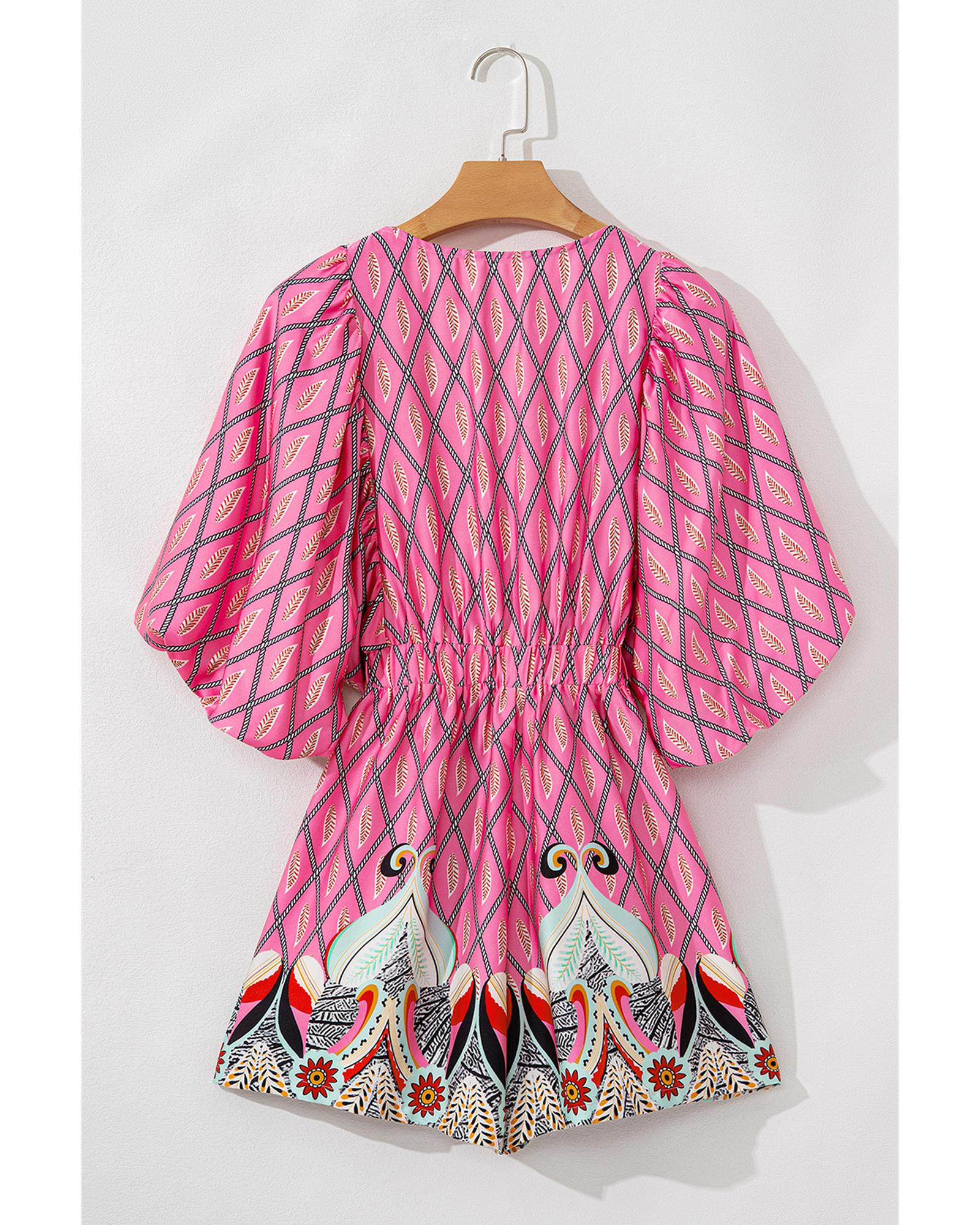 Pink Paisley Geometric Print V Neck High Waist Romper - XL