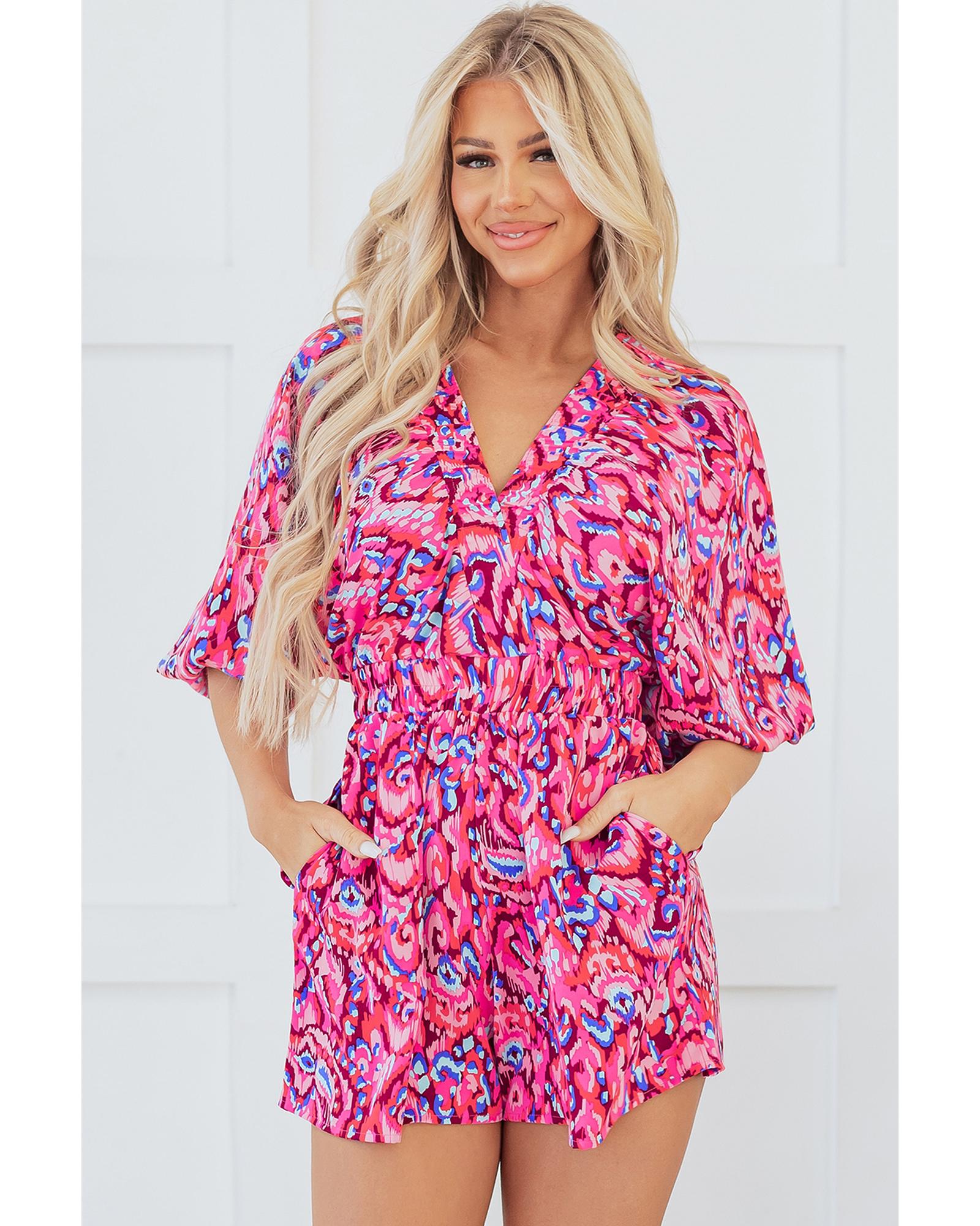 Pink Abstract Print Puff Sleeve V Neck High Waist Romper - M