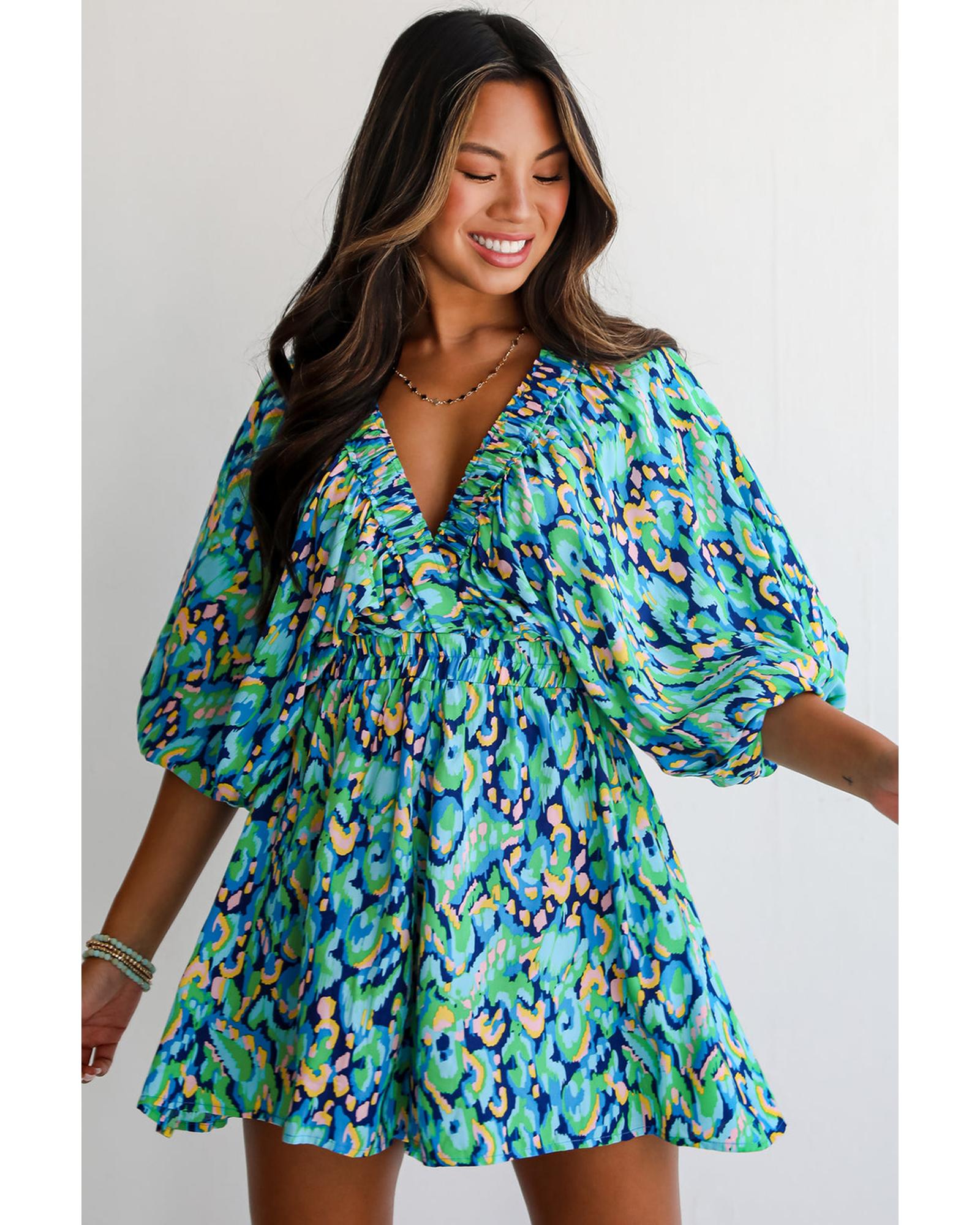 Green Abstract Print Puff Sleeve V Neck High Waist Romper - M