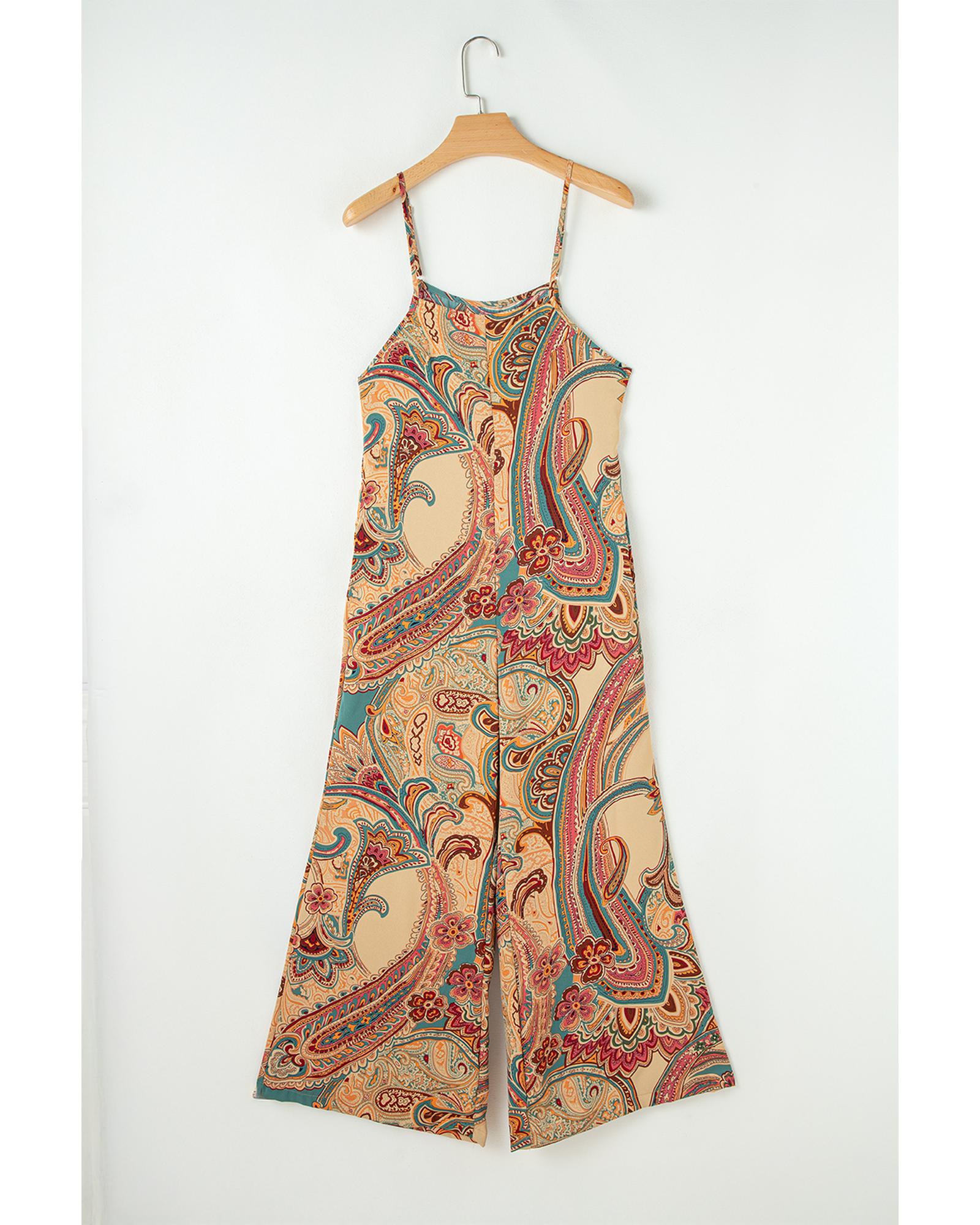 Red Paisley Printed Spaghetti Straps Elegant Wide Leg Jumpsuit - L