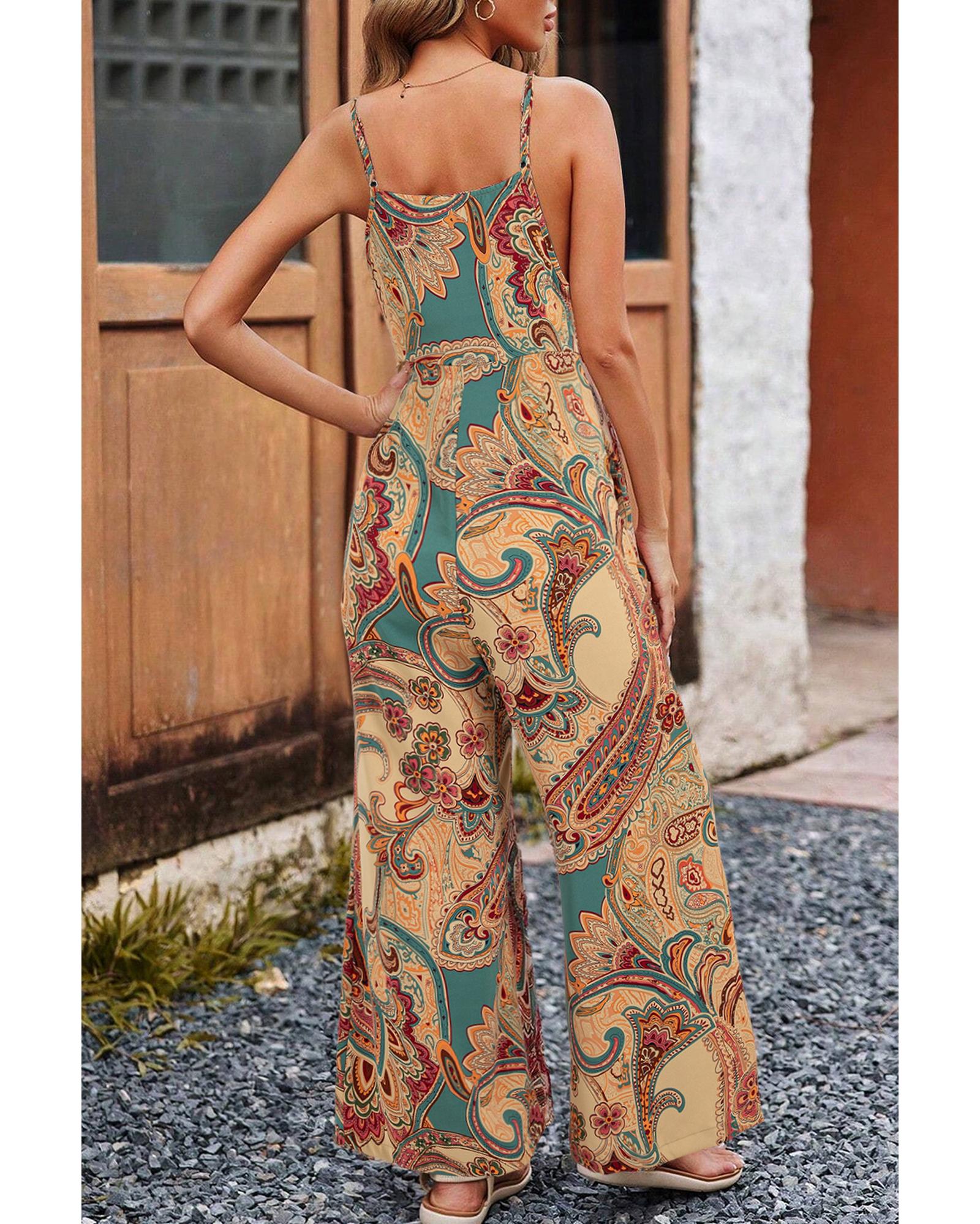 Red Paisley Printed Spaghetti Straps Elegant Wide Leg Jumpsuit - XL