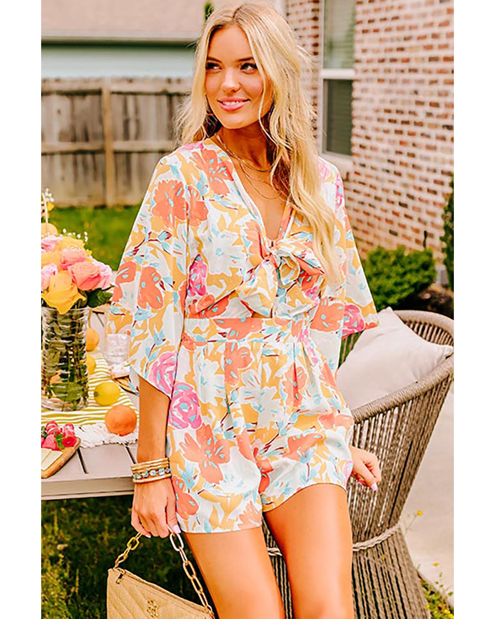 Orange Blooming Floral Print Front Tie Romper - L