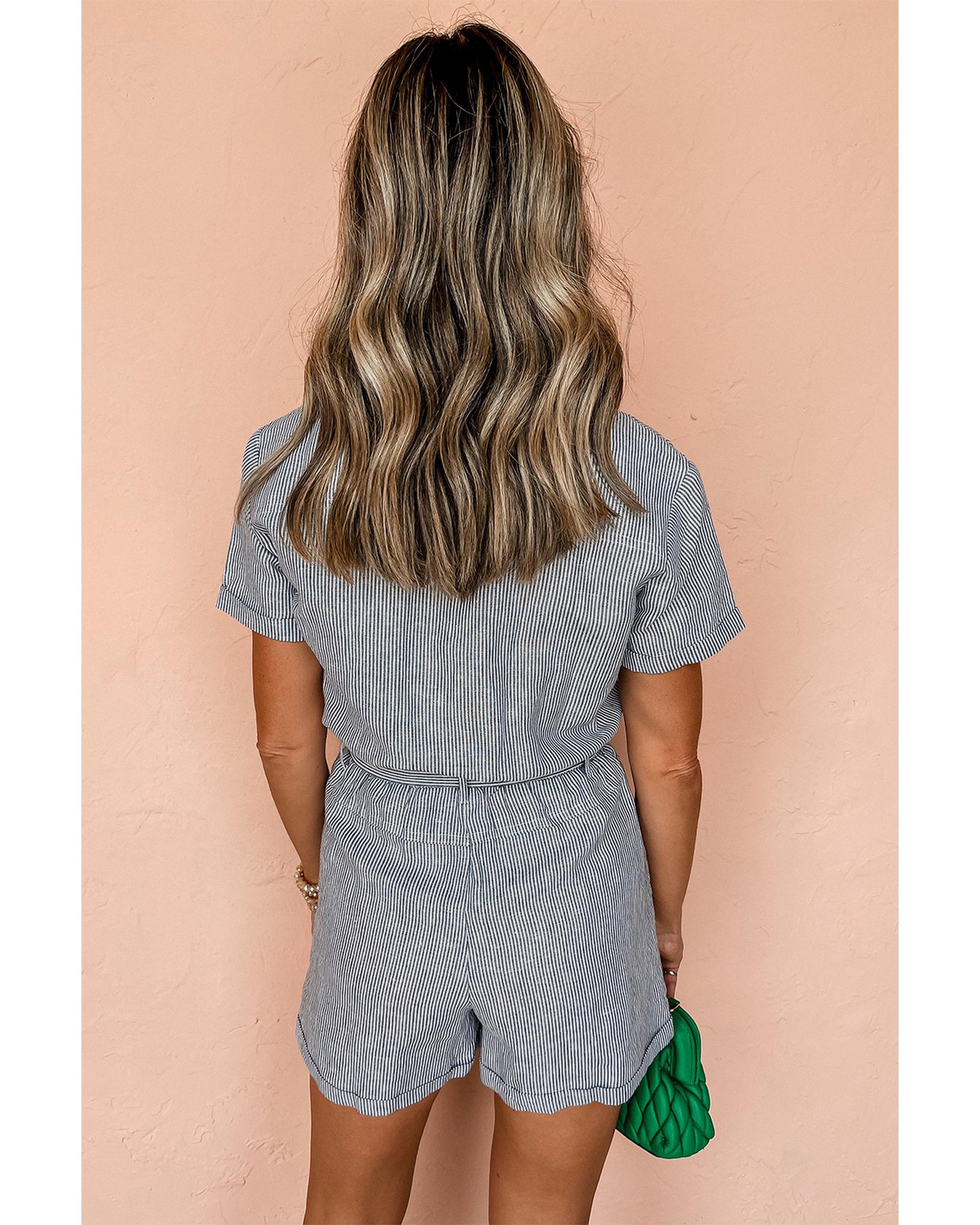 Blue Stripe Chest Pockets Buttoned Belted High Waist Romper - M