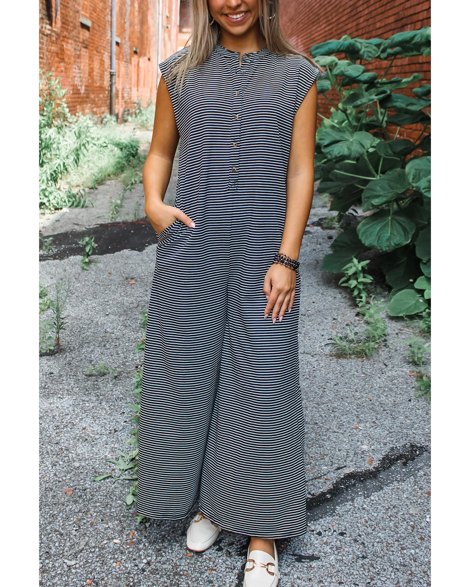 Black white Striped Print Buttoned Wide Leg Sleeveless Jumpsuit - XL