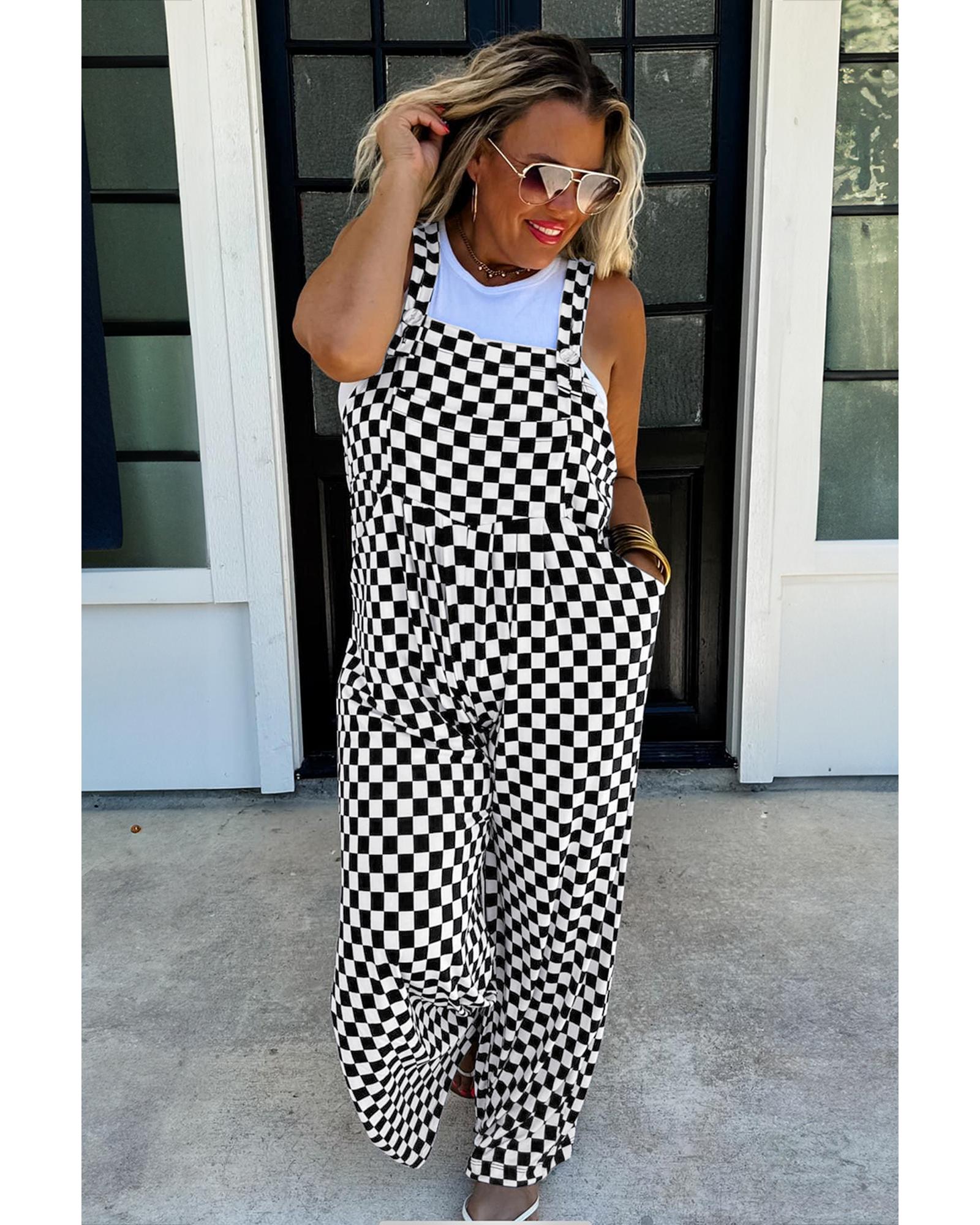 Black Checkered Print Pocketed Wide Leg Jumpsuit - XL