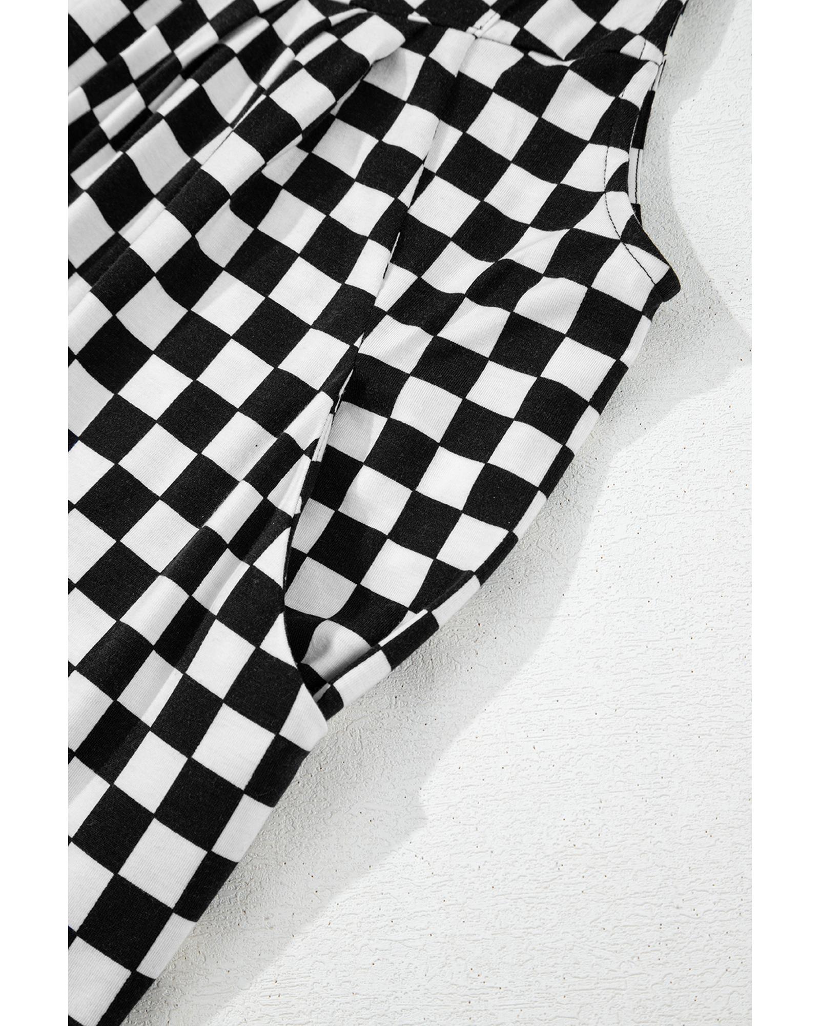 Black Checkered Print Pocketed Wide Leg Jumpsuit - XL