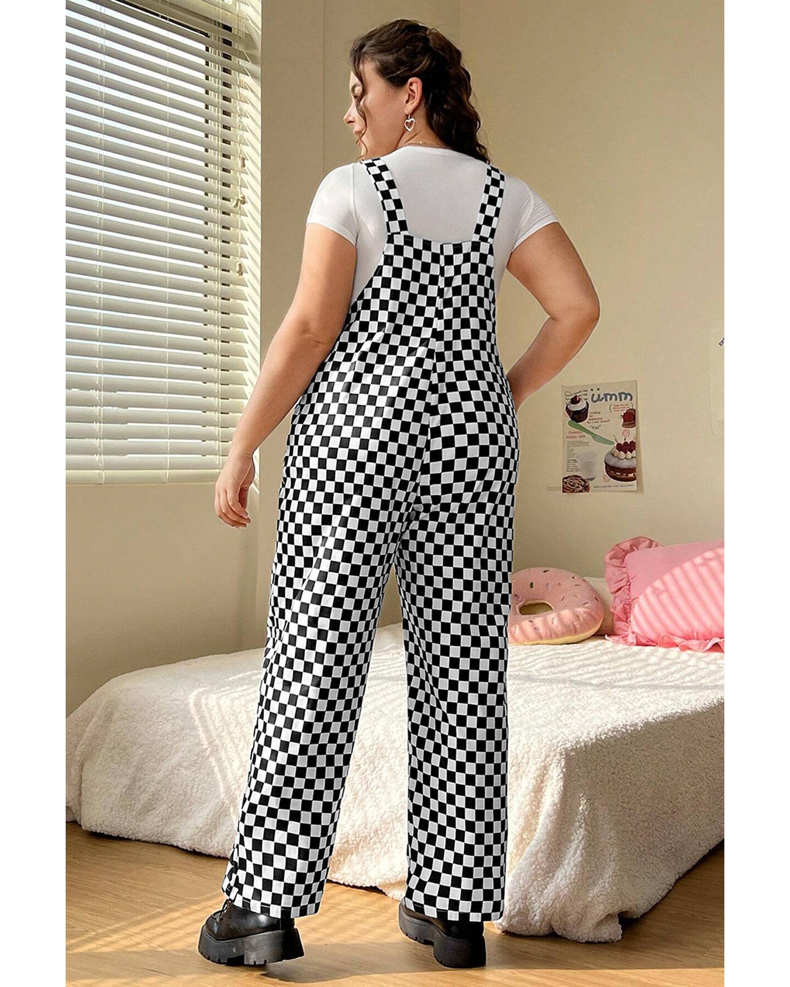 Black Checkered Print Pocketed Wide Leg Jumpsuit - XL