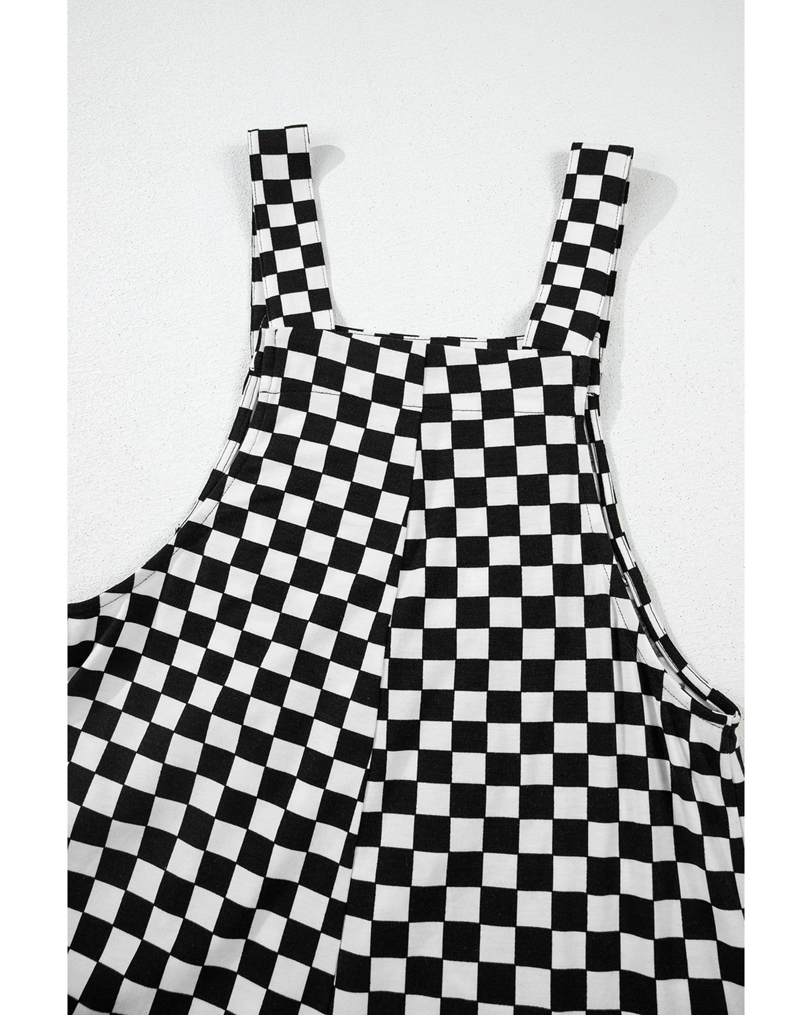 Black Checkered Print Pocketed Wide Leg Jumpsuit - XL