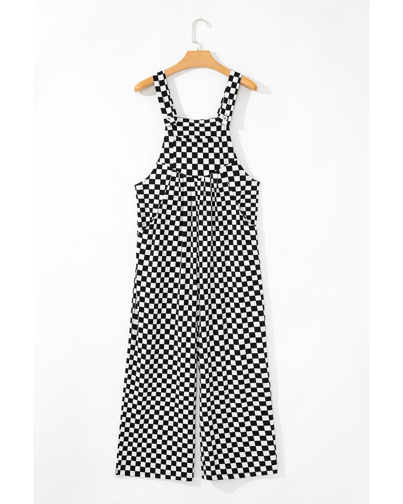 Black Checkered Print Pocketed Wide Leg Jumpsuit - XL