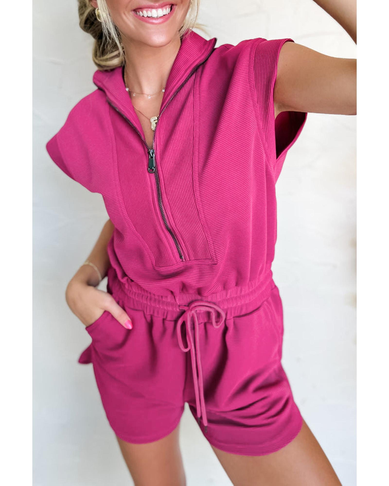 Rose Red Textured Short Sleeve Half Zip Drawstring Waist Romper - XL