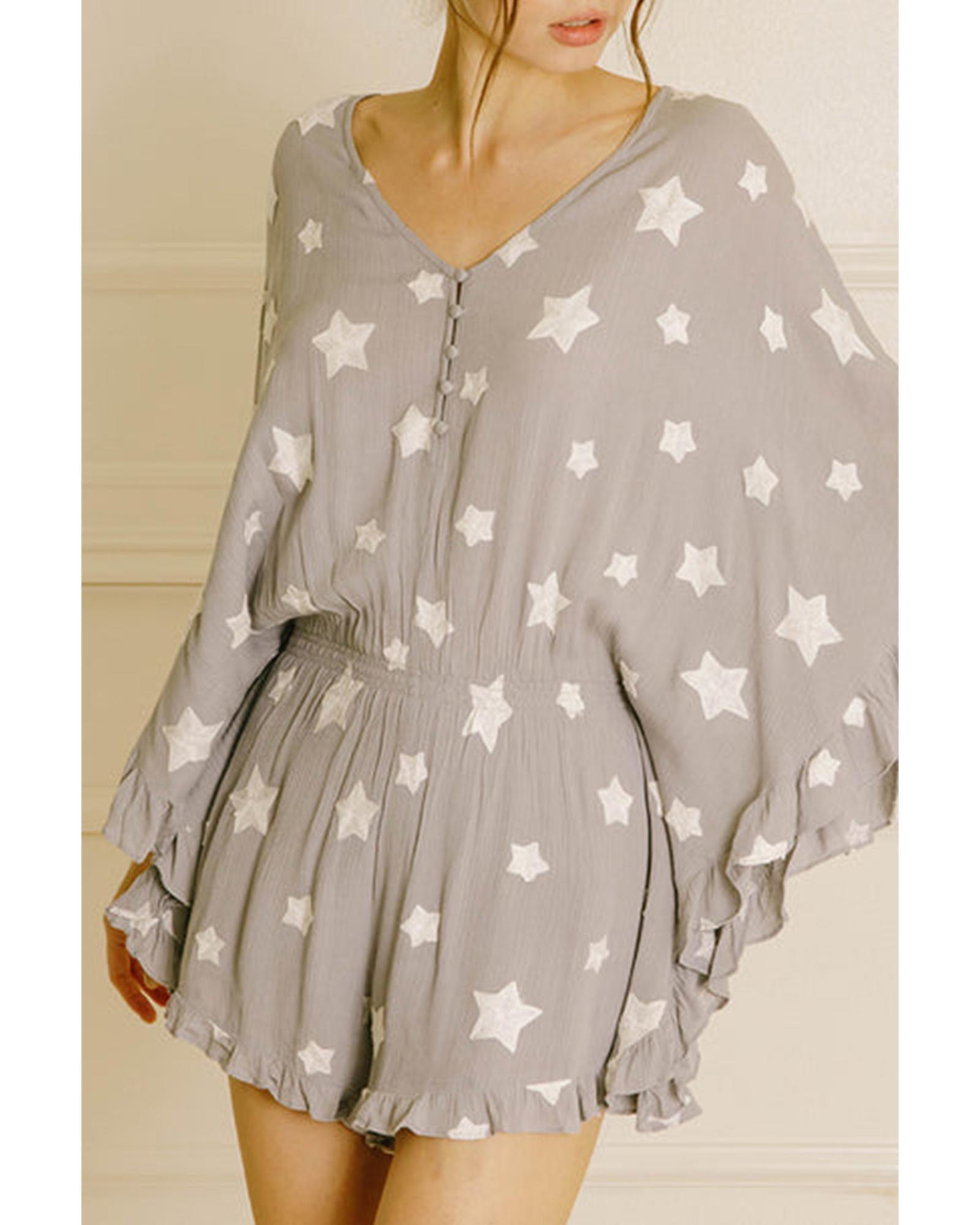 Gray Star Print Crinkle Textured Kimono Ruffle Sleeve Romper - M