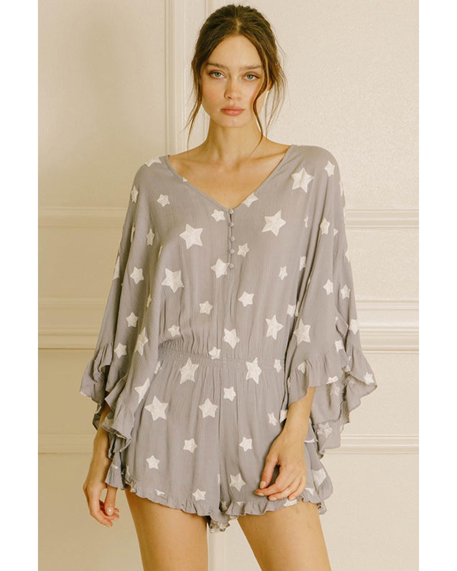 Gray Star Print Crinkle Textured Kimono Ruffle Sleeve Romper - XL