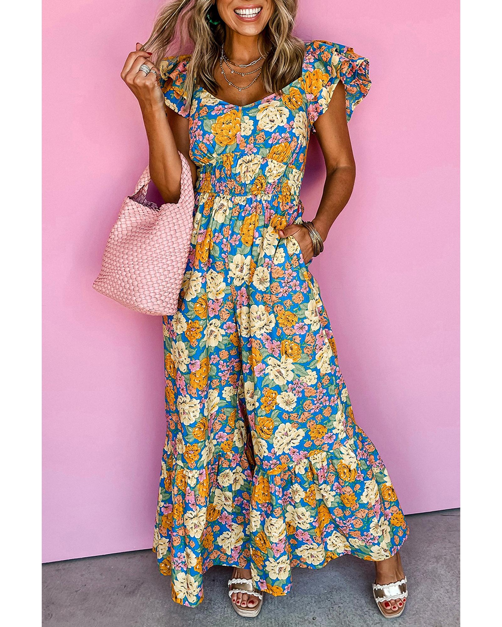 Yellow Floral Allover Print Shirred Cut Out High Waist Jumpsuit - XL