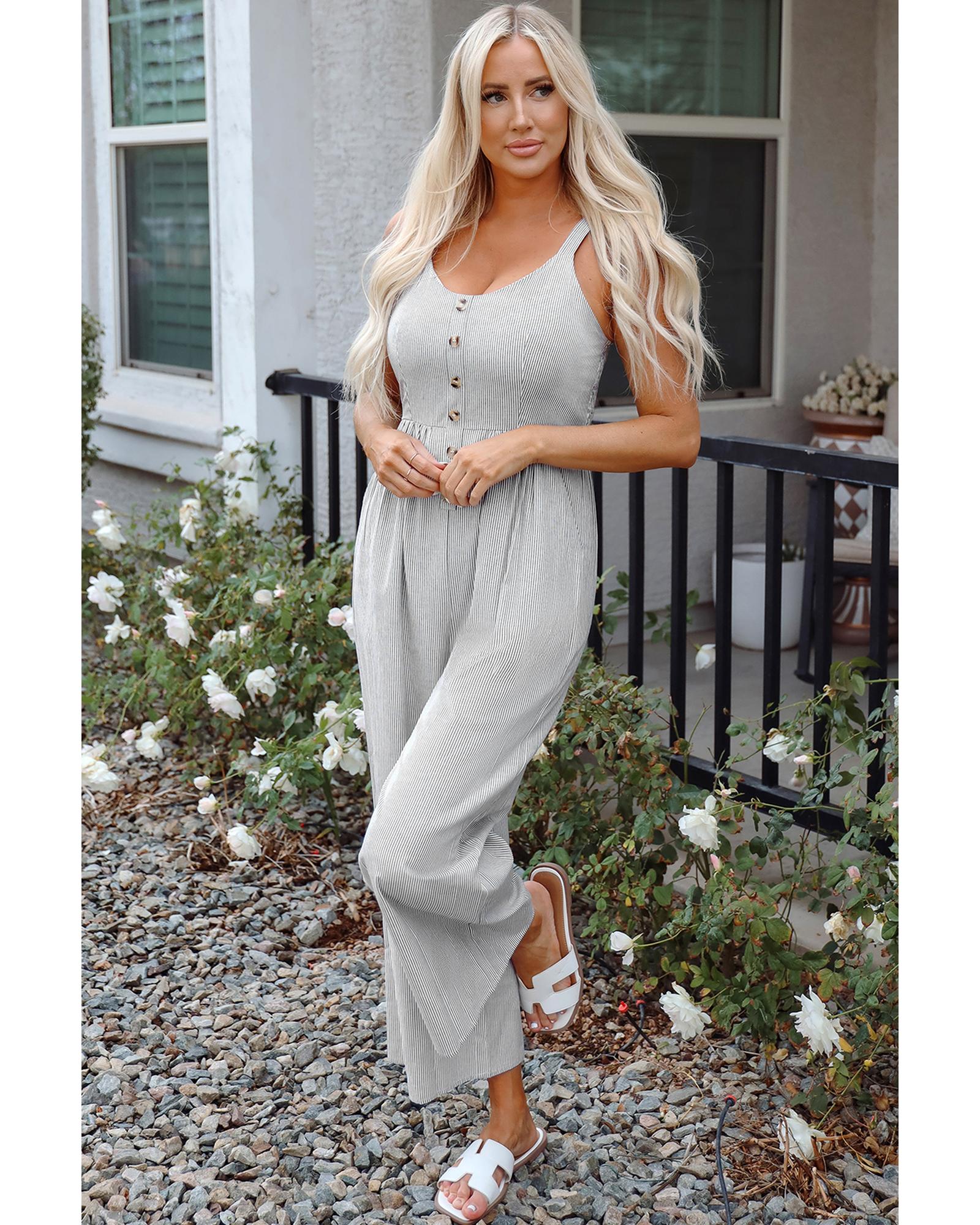 Black Stripe Half Buttoned Sleeveless Wide Leg Jumpsuit - L