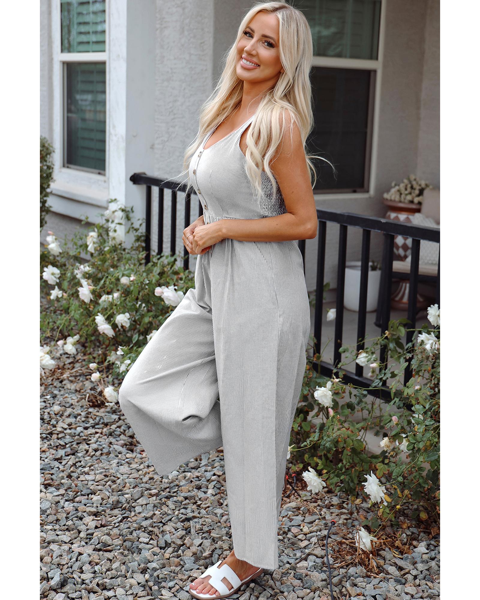 Black Stripe Half Buttoned Sleeveless Wide Leg Jumpsuit - L