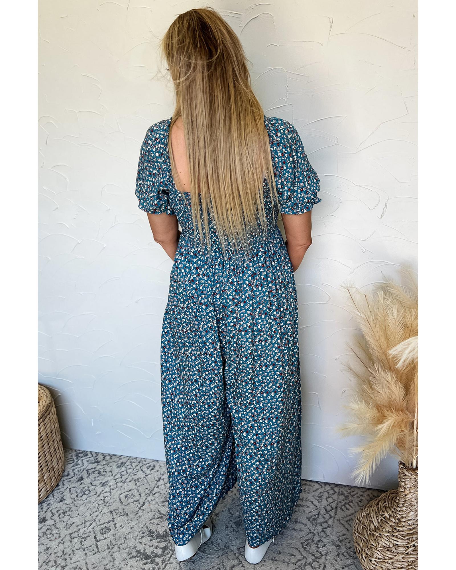 Blue Vintage Boho Floral Smocked Short Puff Sleeve Wide Leg Jumpsuit - L