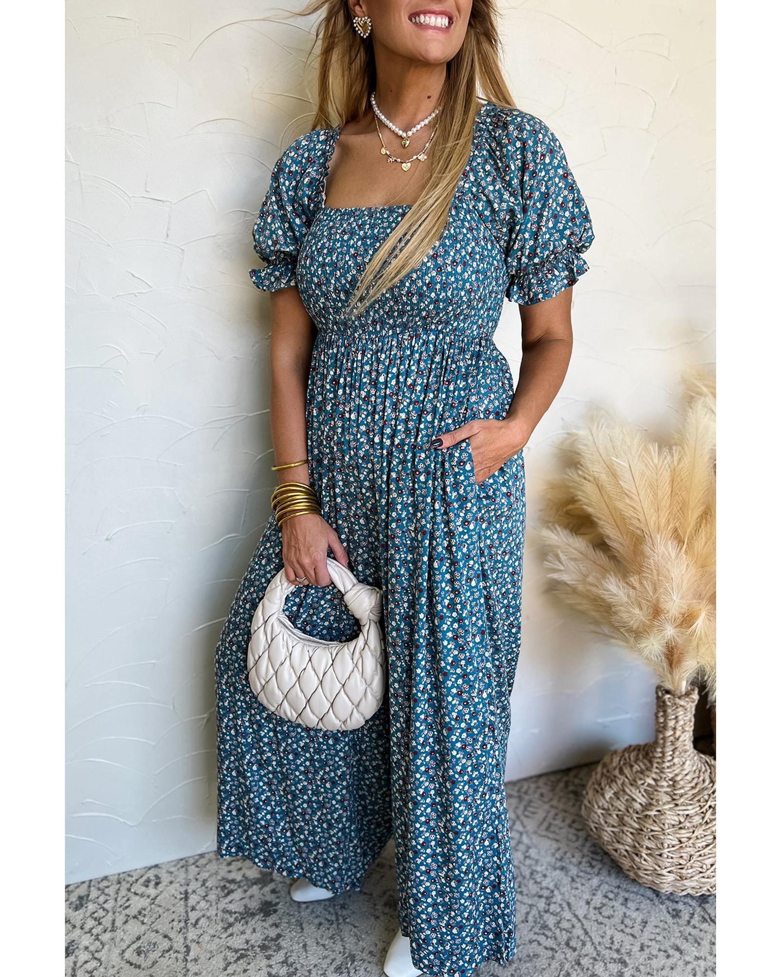 Blue Vintage Boho Floral Smocked Short Puff Sleeve Wide Leg Jumpsuit - M