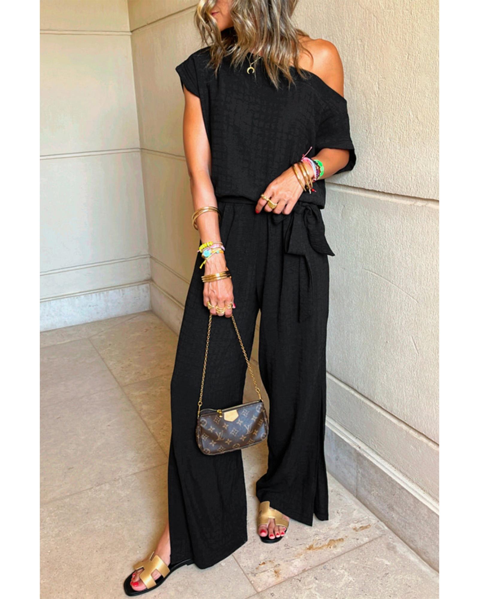 Black Checkered Mesh One Shoulder Short Sleeve Knotted Waist Jumpsuit - L