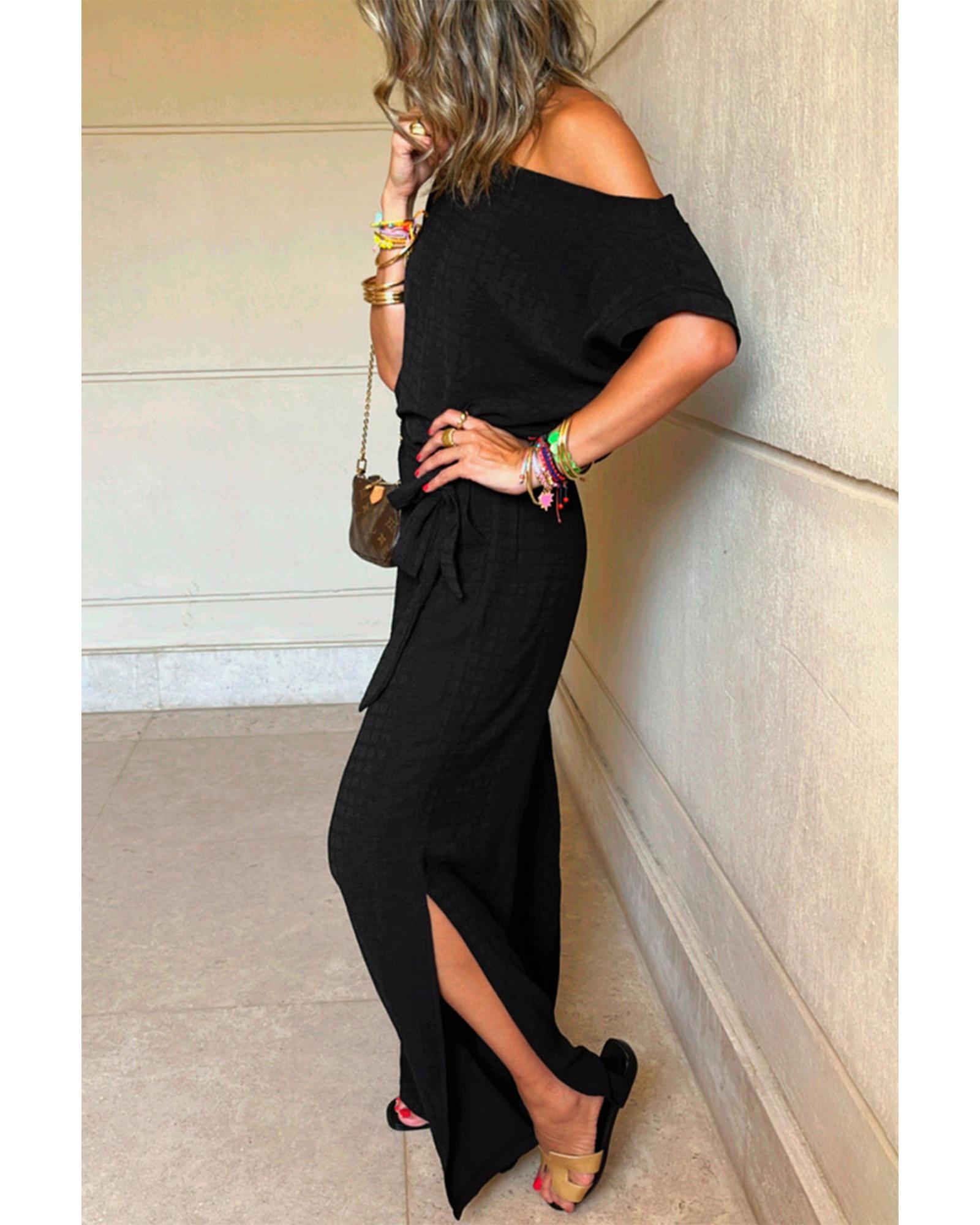 Black Checkered Mesh One Shoulder Short Sleeve Knotted Waist Jumpsuit - M