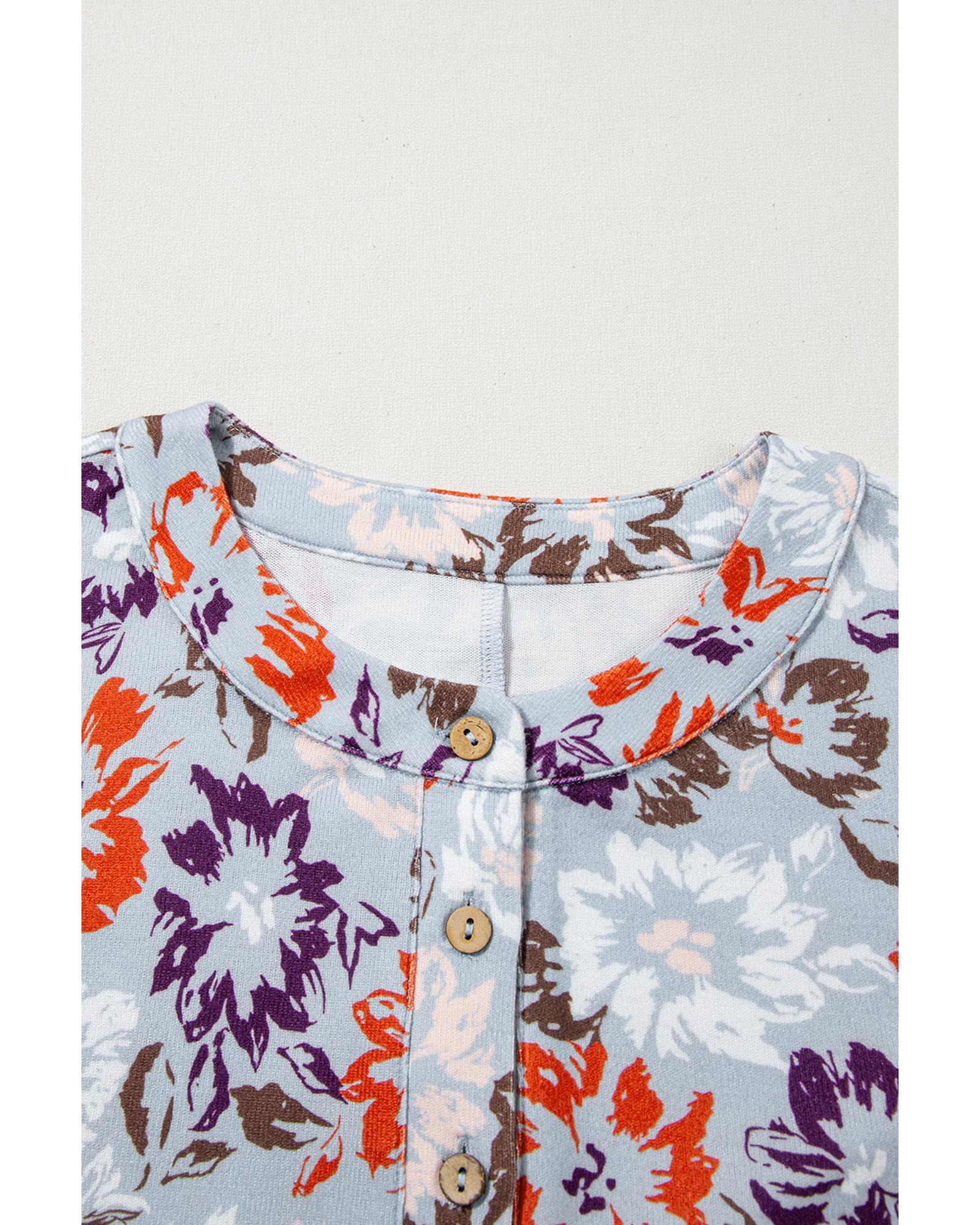 Sky Blue Floral Sleeveless Buttoned Pocketed Wide Leg Jumpsuit - L