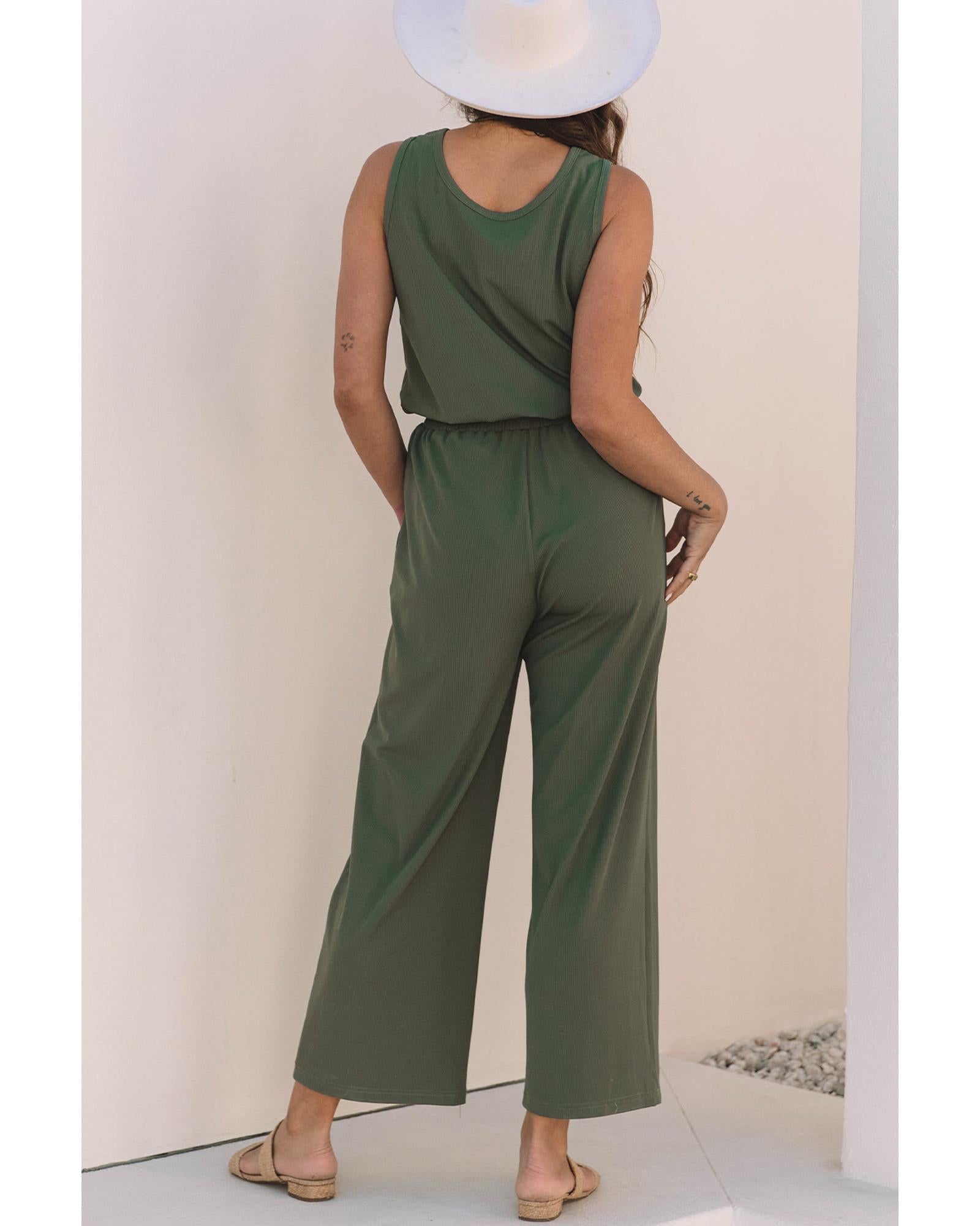 Vineyard Green Buttoned Drawstring Waist Sleeveless Wide Leg Jumpsuit - XL